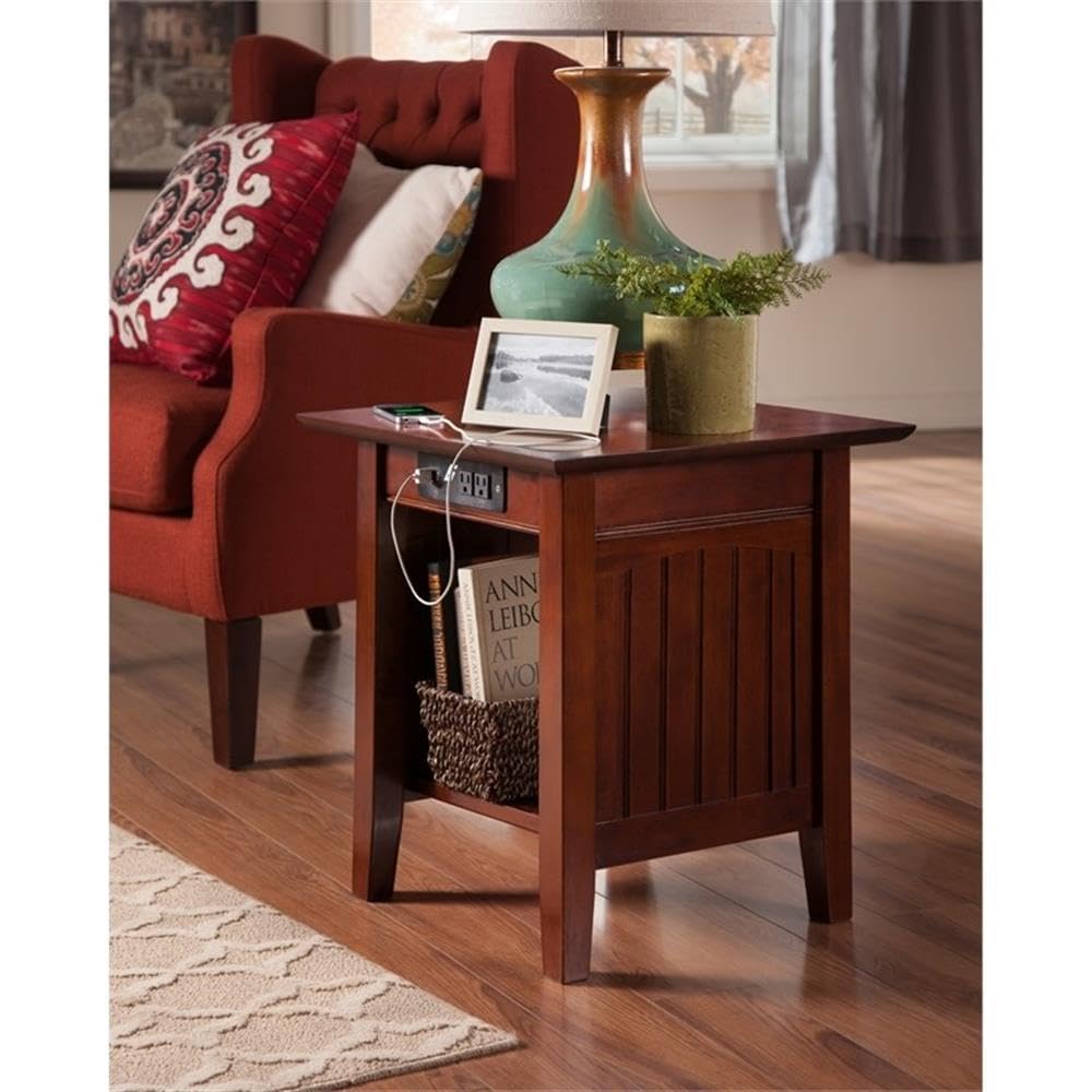 Modern Walnut Wood End Table with USB Charging Ports - Stylish Nightstand for Bedroom, Living Room & Office - Pemberly Row Contemporary Side Table