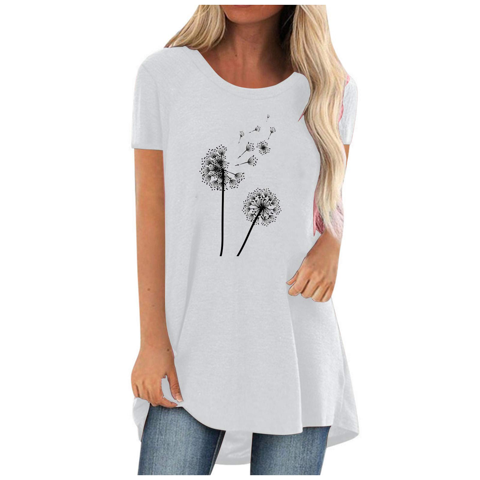 Plus Size Women's 3/4 Sleeve V-Neck Linen Blouse - Casual Summer Tunic Top with Leaf Print & Button Neckline - Perfect for Office Wear, Weekend Outings & Beach Vacations (White, Style #37)