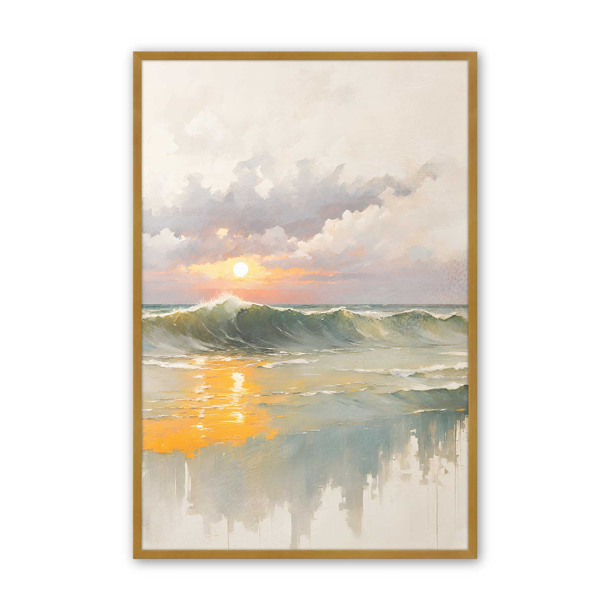 Golden Waves at Sunset Wall Art Print - Coastal Beach Decor for Living Room, Bedroom & Office | Ocean Sunset Painting for Home & Office Decor