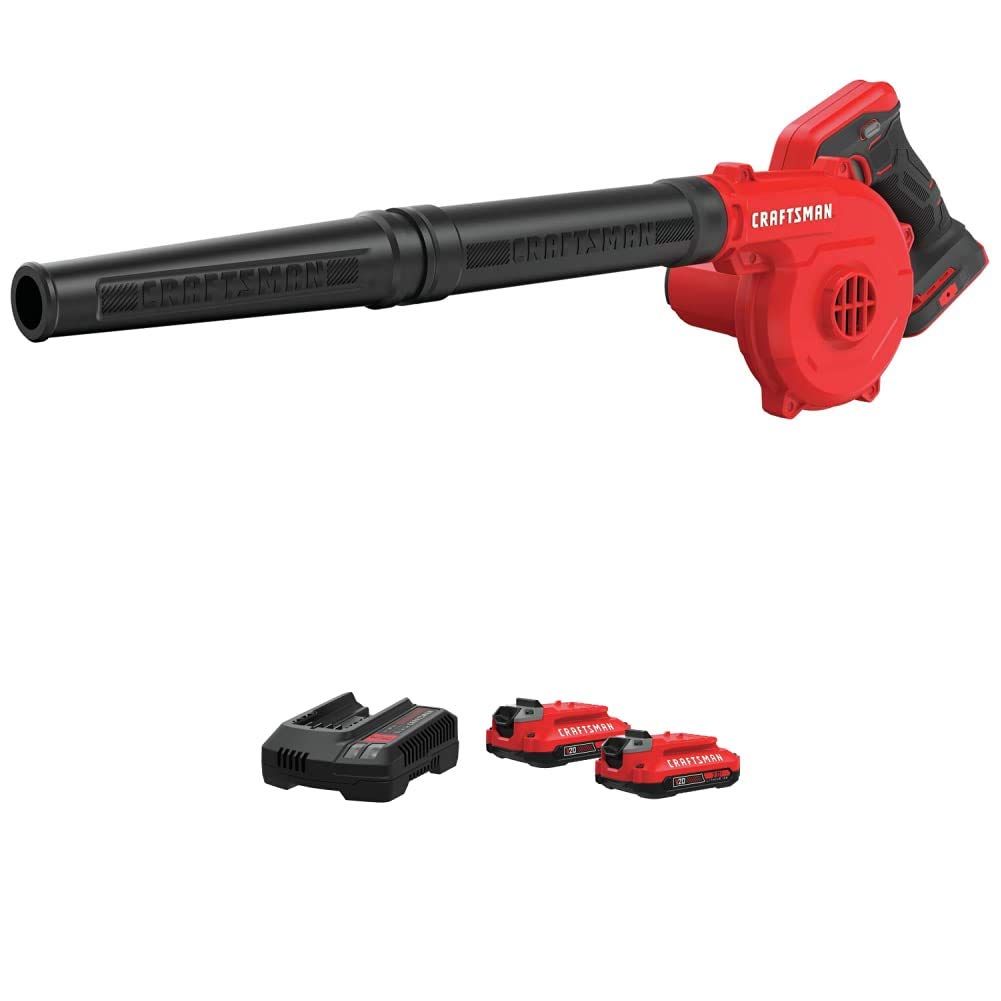 CRAFTSMAN V20 Cordless Leaf Blower with 2.0Ah Battery & Charger Kit - 20V Electric Handheld Blower for Yard, Garden, and Driveway Cleaning (CMCBL0100B & CMCB202-2CK) - Perfect for Fall Leaves, Grass Clippings, and Light Snow Removal
