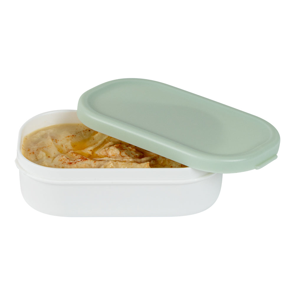 Bento Tek 3 oz White Buddha Box Snack & Sauce Containers with Green Lids - 4 Pack (3.75