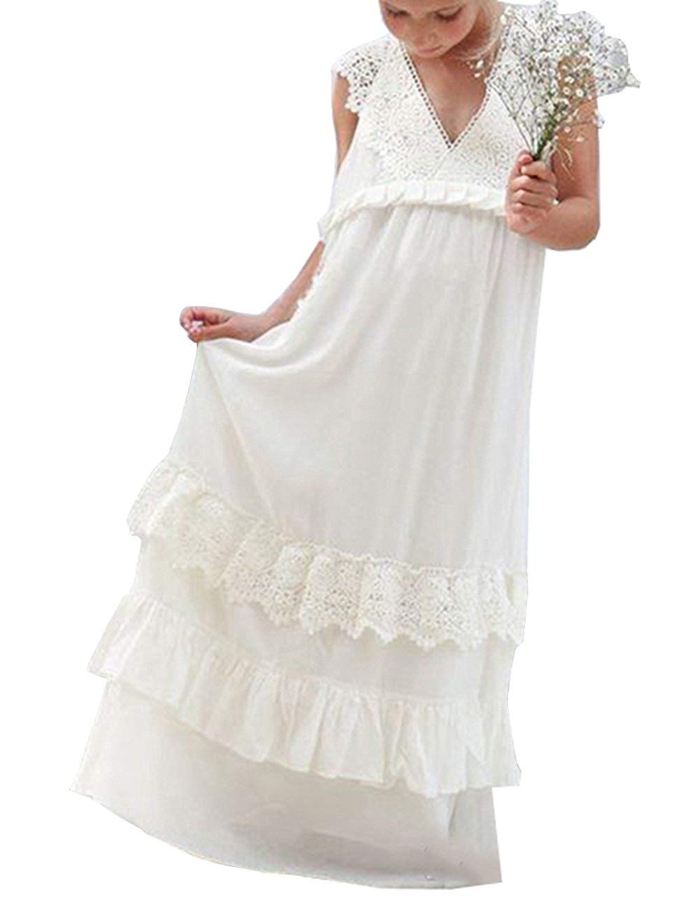 Hengyud 2019 New Bohemian Lace Flower Girl Dress - White Ivory Country Wedding Gown for Kids | Perfect for Flower Girls, Pageants, and Special Occasions