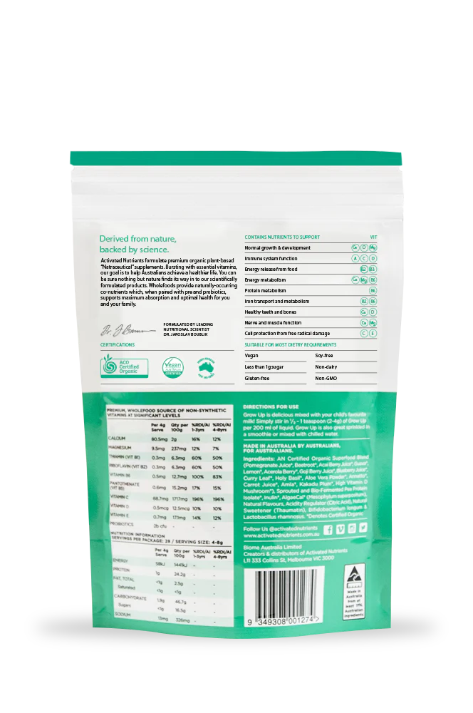 Organic Kids Superfood Powder with Activated Nutrients - Immune Support & Brain Development for Toddlers & Children - Perfect for Smoothies, Yogurt & Healthy Snacks