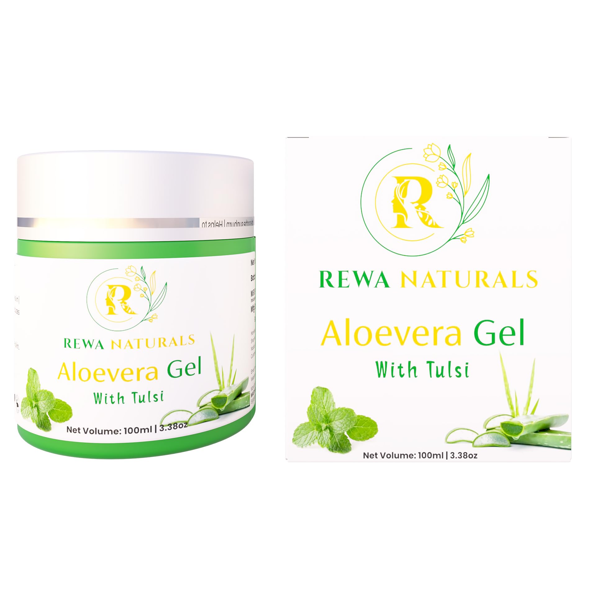 REWA NATURALS Pure Aloe Vera Gel with Tulsi Extract - 100g | Soothing & Hydrating for Sunburn, Dry Skin & Hair Care