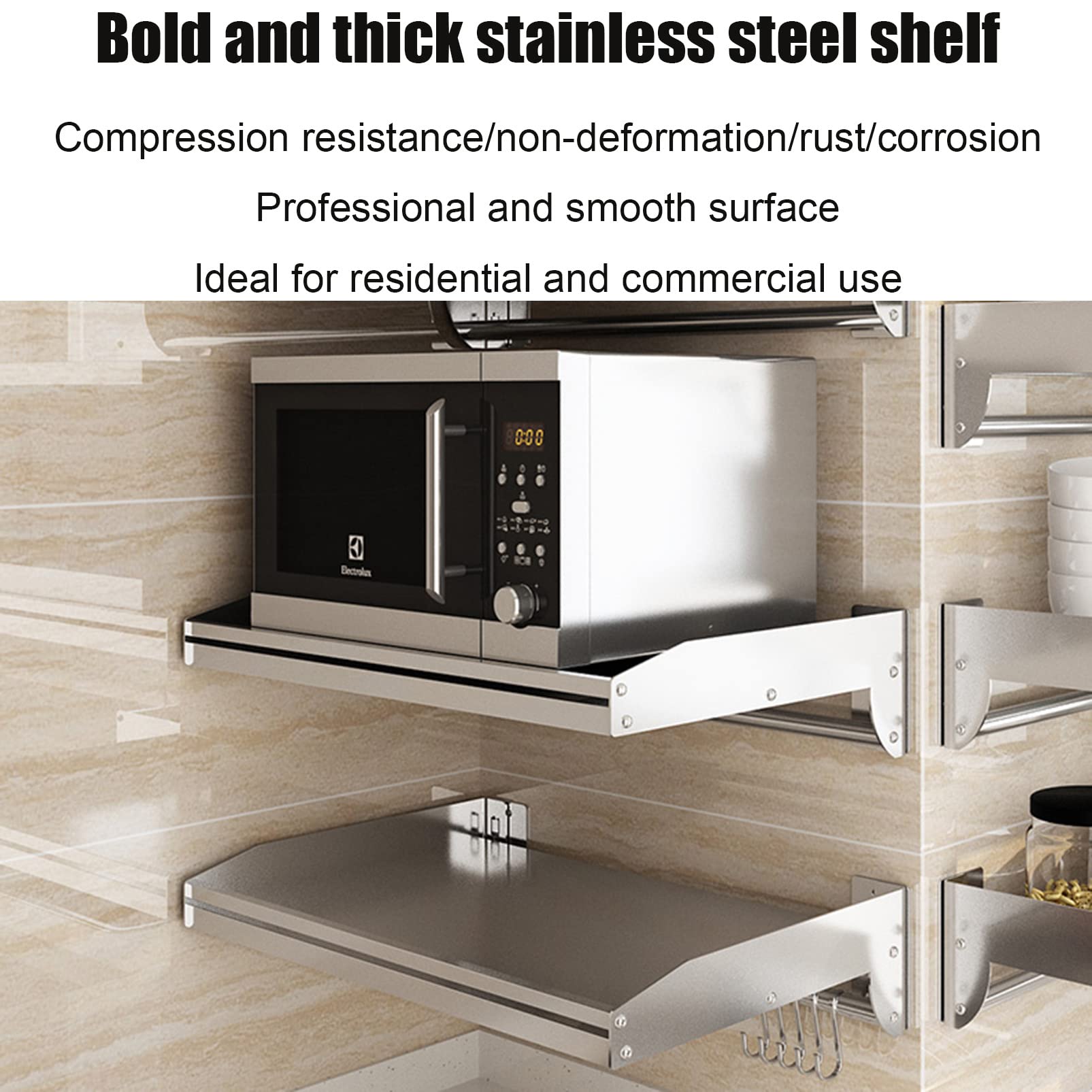Stainless Steel Wall Mount Microwave Shelf - Multifunctional Kitchen Spice Rack & Bathroom Organizer - Space Saving Storage Solution for Microwave, Spices, Shower Essentials - Perfect for Kitchen, Bathroom, Laundry, Garage Organization