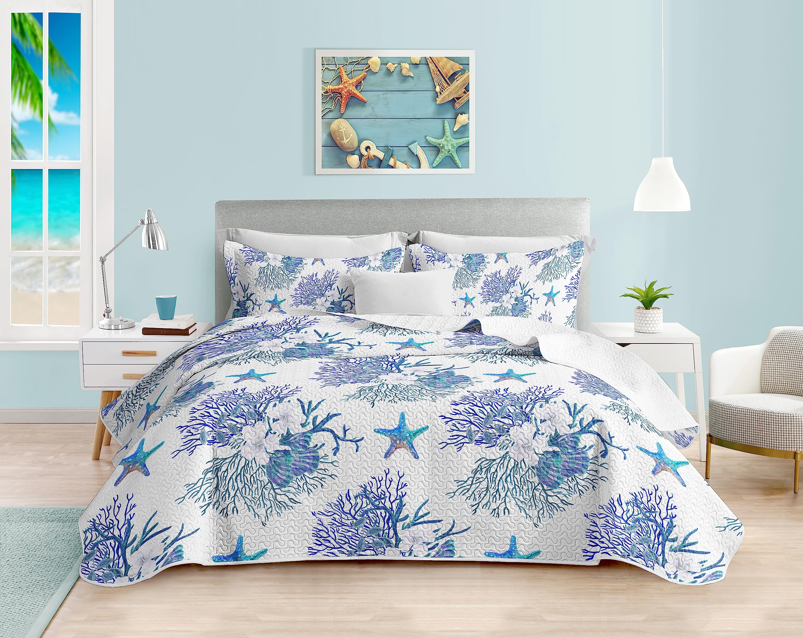 Coastal Queen Size Quilt Set with 2 Shams - Nautical Ocean Blue Starfish Bedspread & Summer Comforter 90''x96'' - Perfect for Beach House Decor, Guest Room Bedding & Coastal Themed Bedrooms