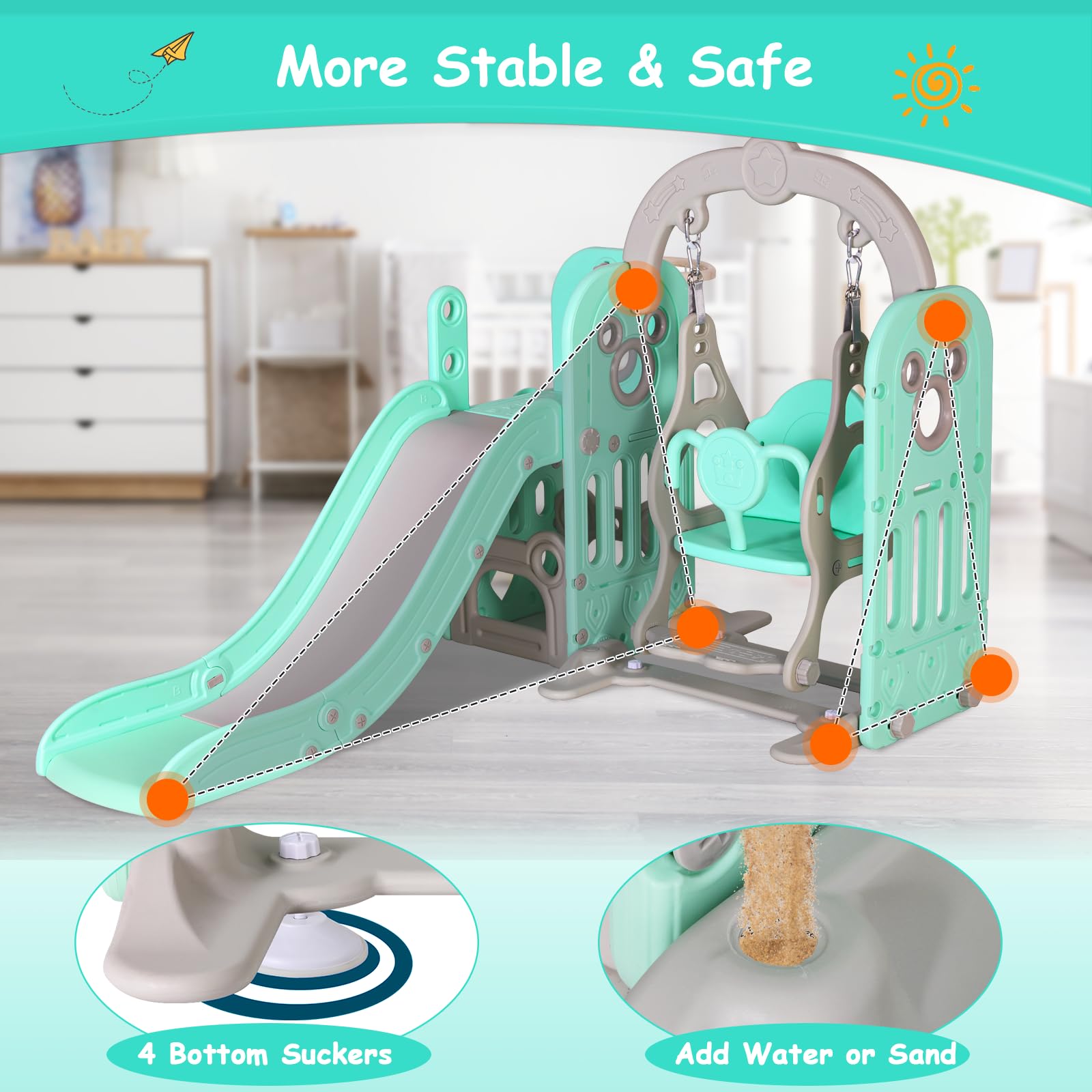 MAMIZO 6-in-1 Toddler Slide and Swing Set with Climber, Storage Bin & Basketball Hoop - Indoor/Outdoor Kids Playground Equipment for Backyard, Garden, or Playroom - Includes Reinforced Suction Cups & Ball (Green)