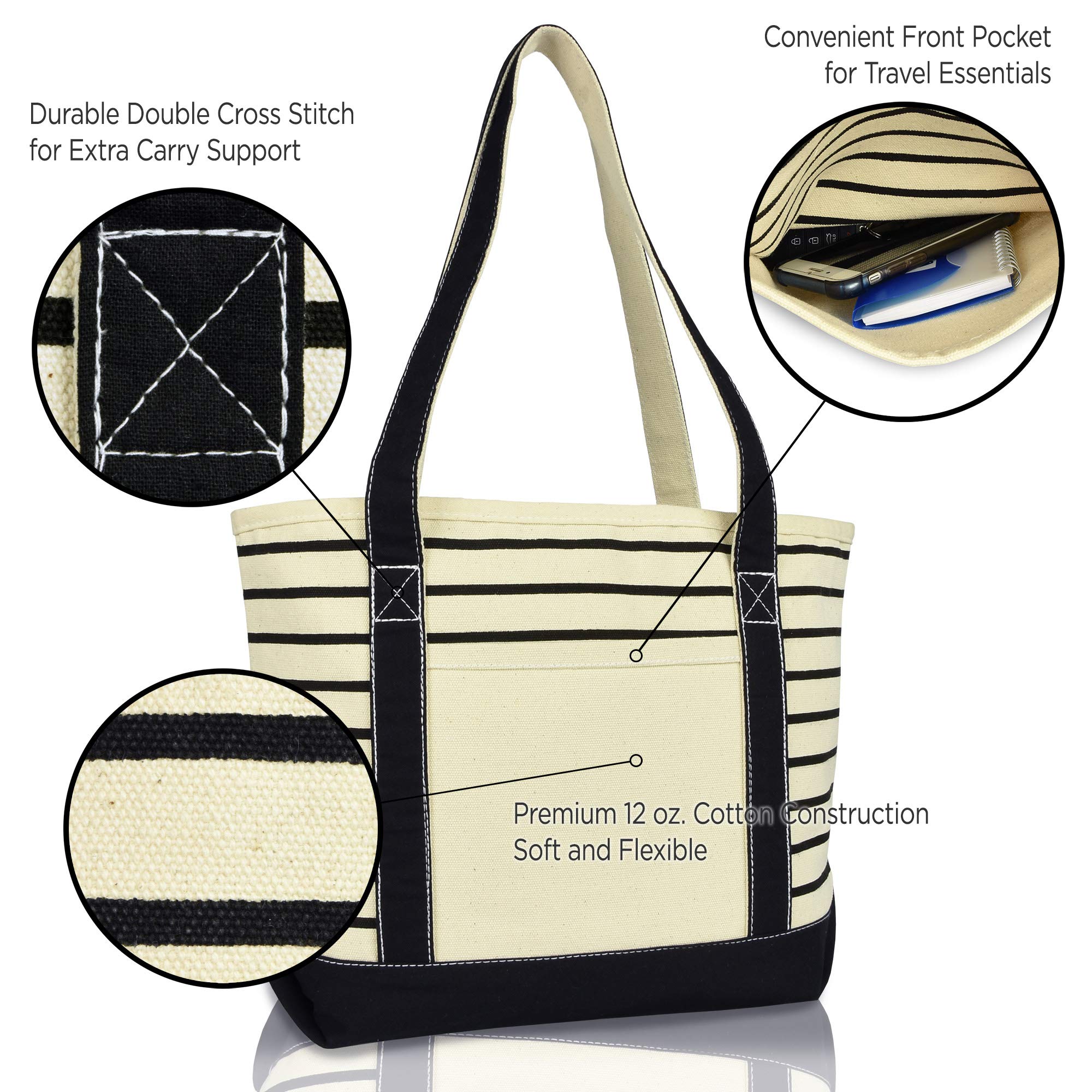 DALIX Small Stripe Tote Bag - Premium Cotton Canvas Shoulder Bag for Women in Black | Perfect for Work, Travel, and Everyday Use