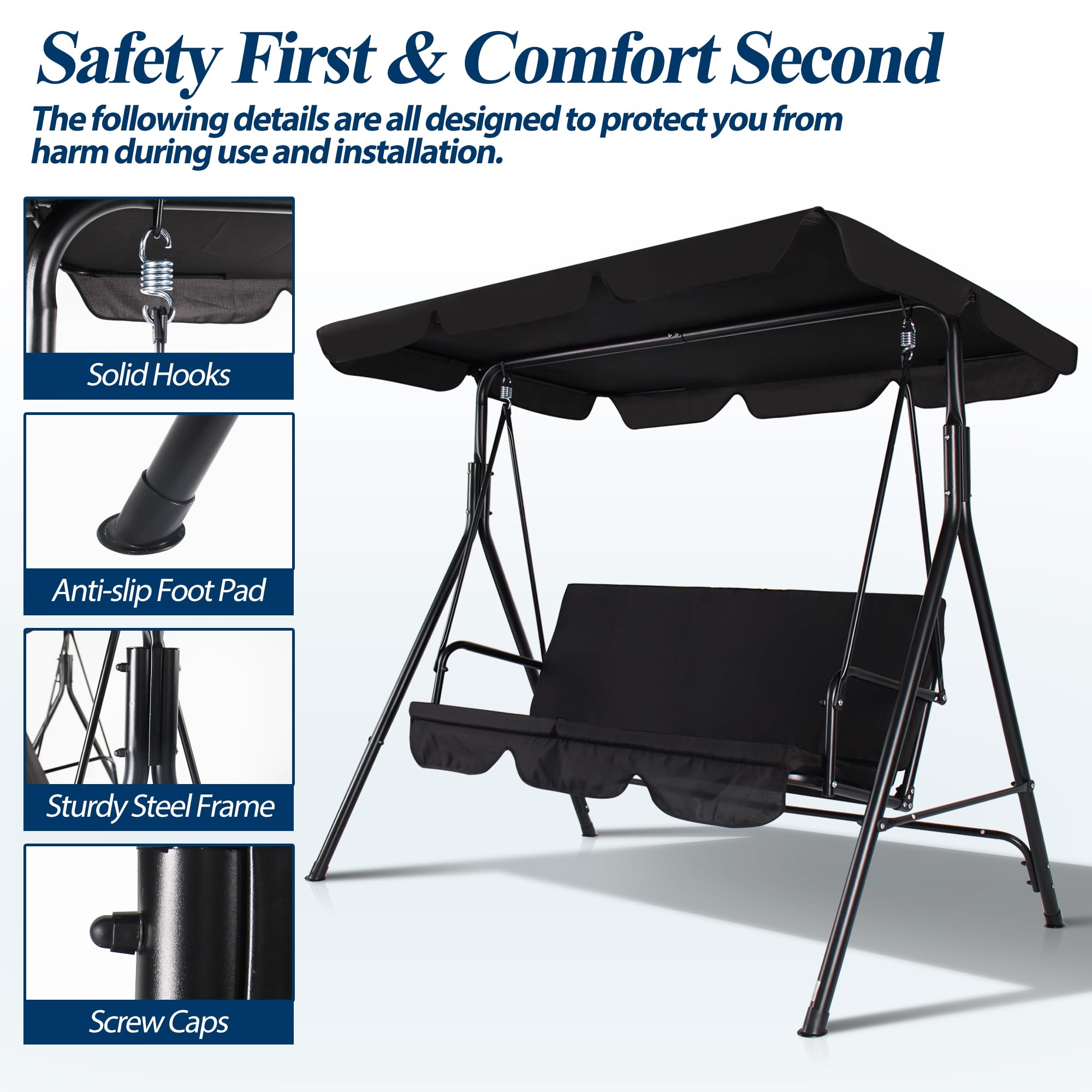 COVERONICS 3-Seat Outdoor Porch Swing Chair with Adjustable Canopy - Durable Metal Frame Patio Swing with Removable Cushions - Perfect for Backyard, Garden, Terrace & Lawn Relaxation (Black)