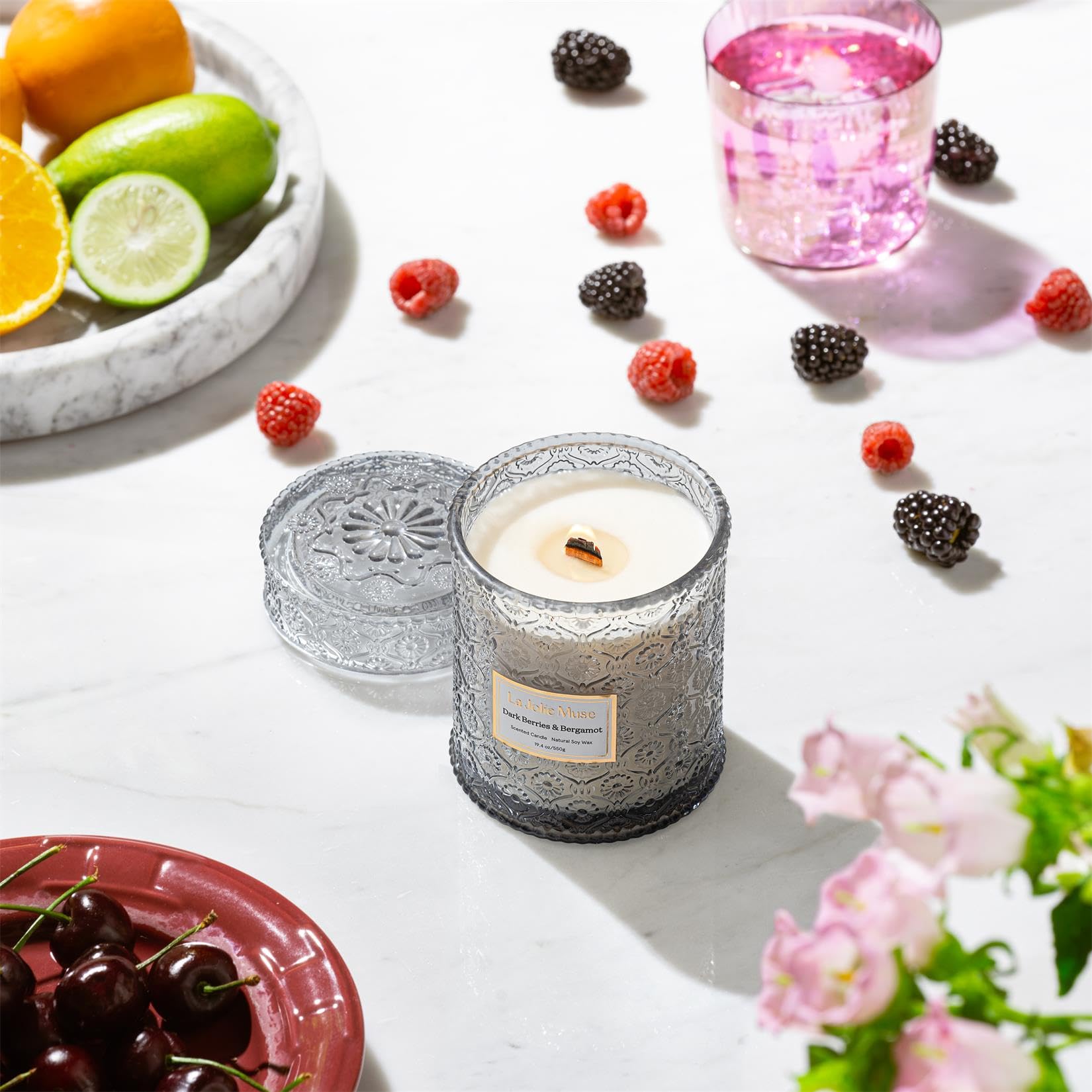 LA JOLIE MUSE Dark Berries & Bergamot Scented Soy Candle - 19oz Large Glass Jar, 90 Hours Burn Time, Natural Home Fragrance, Perfect Gift for Women & Men - Ideal for Relaxation, Romantic Dinners & Spa Nights