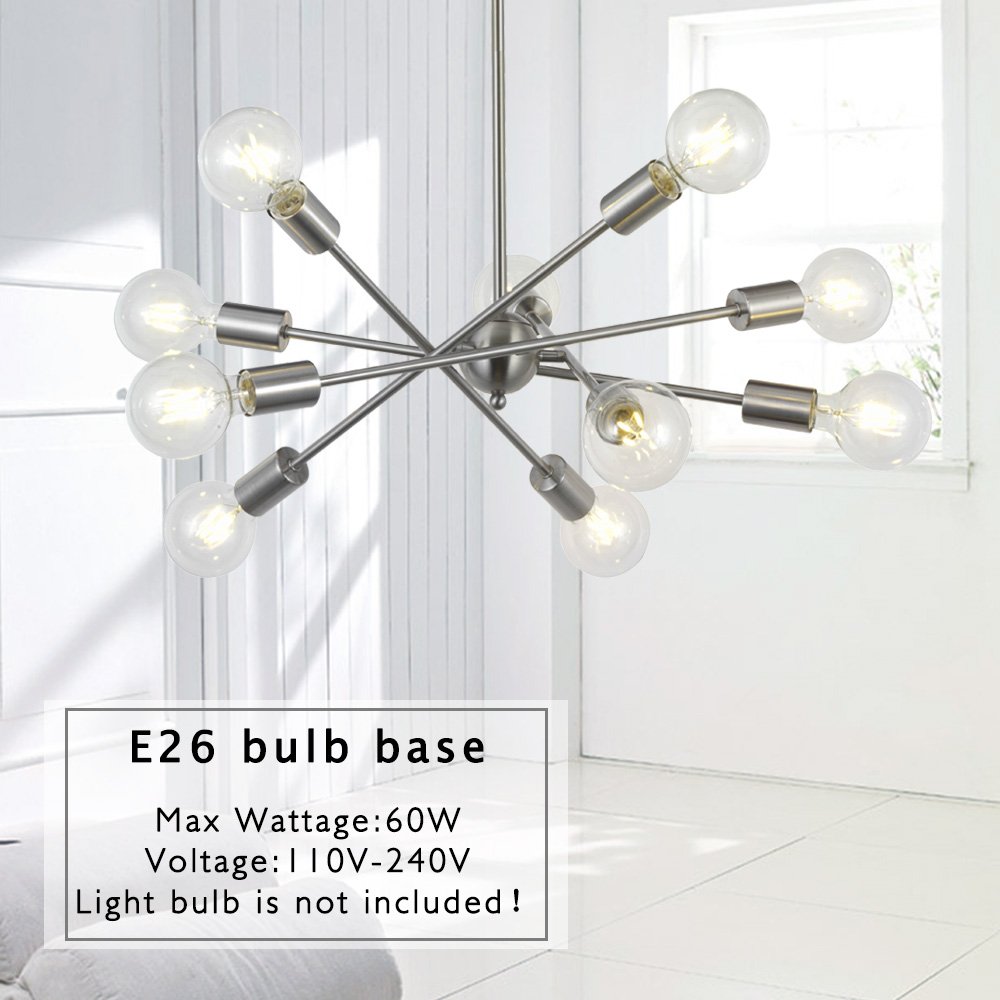 BONLICHT Modern Sputnik Chandelier - 10-Light Adjustable Arm Mid Century Pendant Light in Brushed Nickel - Perfect for Kitchen, Dining Room, Living Room & Entryway Lighting