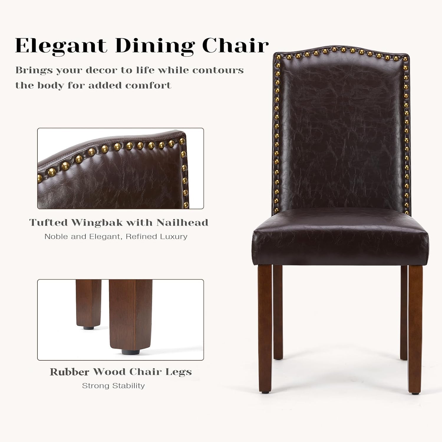 DUMOS 4-Piece PU Leather Dining Chair Set - Upholstered Parsons Chairs with Nailhead Trim & Rubber Wood Legs, Modern Kitchen Side Chairs for Dining Room, Living Room, Bedroom - Brown | Perfect for Home Decor, Family Gatherings & Small Space Dining