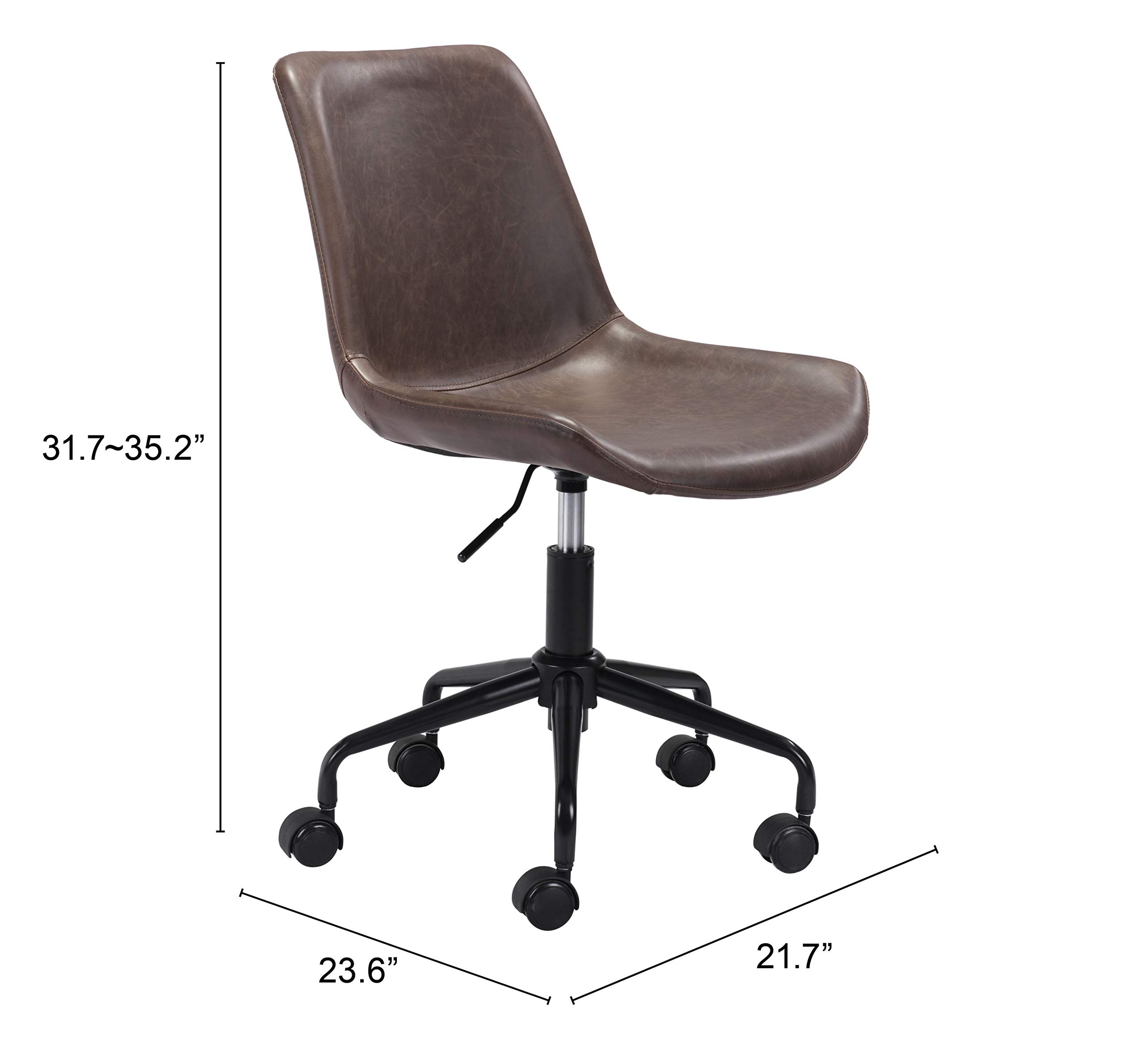 Zuo Byron Ergonomic Office Chair - Adjustable Height & Lumbar Support, Brown Leather Executive Chair for Home & Office Workspace, Comfortable Desk Chair for Long Hours Sitting