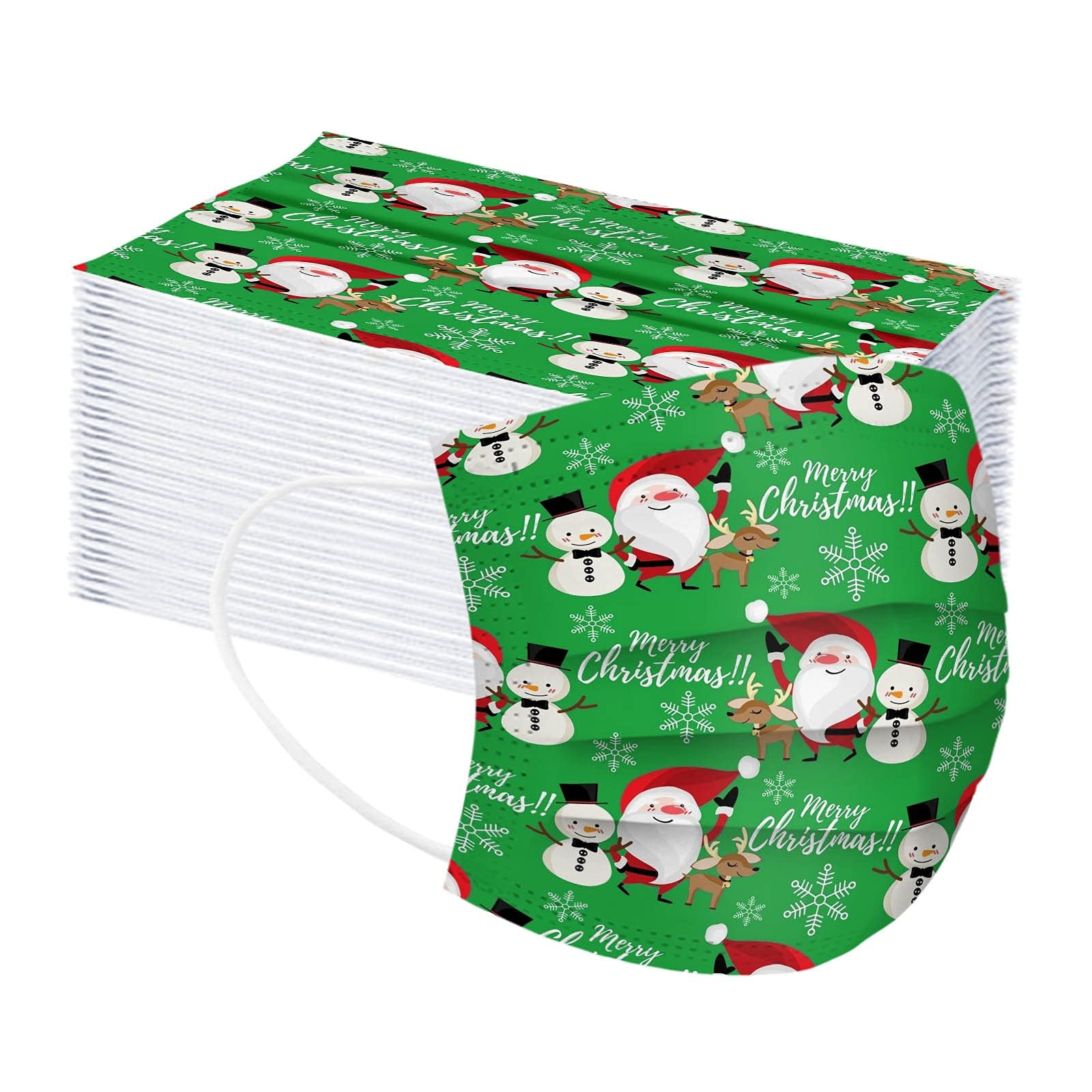50Pcs Christmas Kids Disposable Face Masks - Cartoon Snowmen & Elk Printed 3-Ply Breathable Face Covering with Nose Wire & Elastic Earloop for Boys & Girls - Holiday Parties, School Activities & Family Gatherings