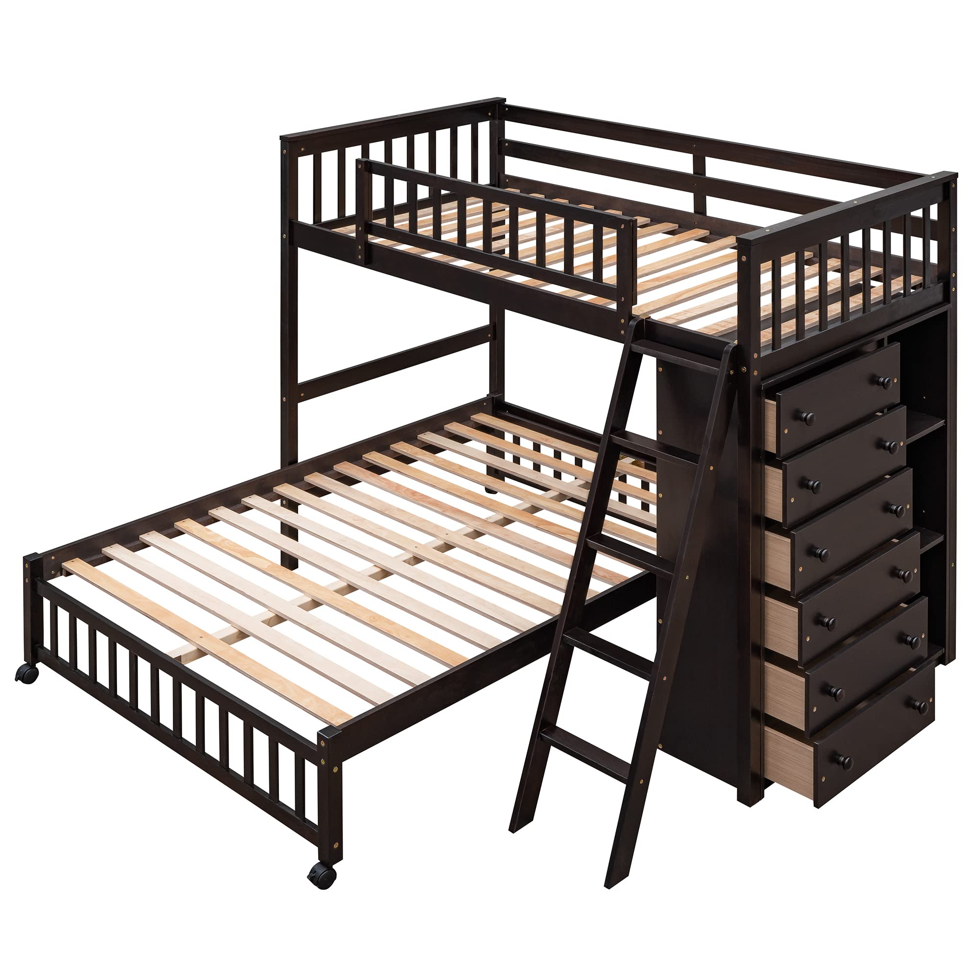 Harper & Bright Designs Twin Over Full Bunk Bed with 6 Storage Drawers & 3 Shelves - Solid Wood Loft Bed with Movable Lower Bed & Wheels, No Box Spring Needed (Espresso) - Perfect for Kids' Bedrooms, Guest Rooms & Small Spaces