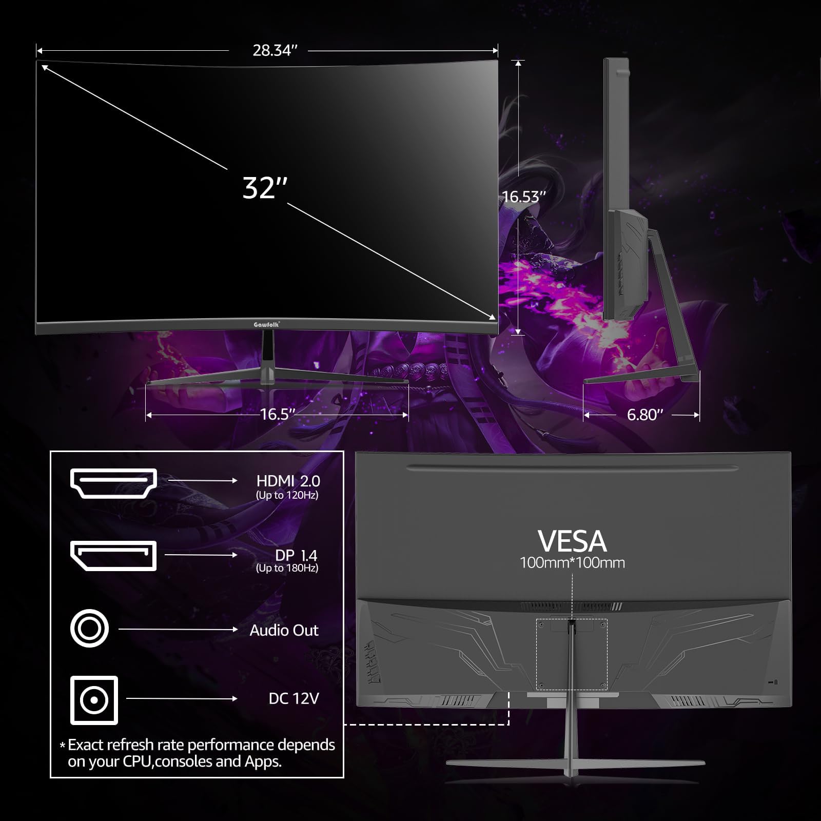 32 Inch 1800R Curved Gaming Monitor - 165Hz/180Hz VA Display with FreeSync, HDMI & DP Ports - Perfect for Home Office, Dorm Room & Esports Gaming
