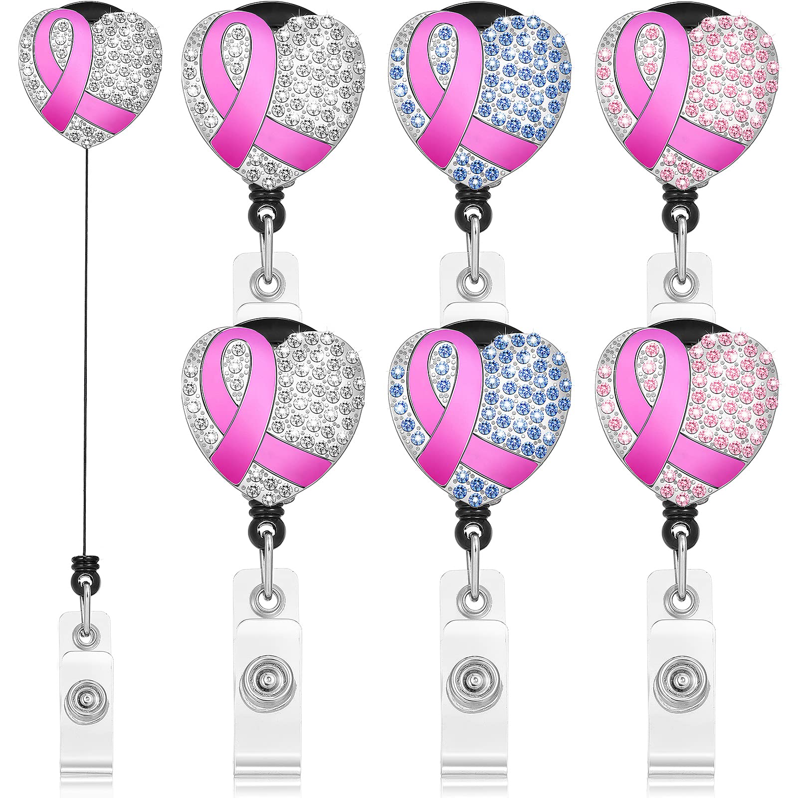6-Piece Pink Ribbon Rhinestone Nurse Badge Reel Set - Retractable ID Badge Holder with Alligator Clips for Nurses, Volunteers & Healthcare Workers - Breast Cancer Awareness Badge Reel (Pink, White, Blue) - Perfect for Hospitals, Clinics & Charity Events