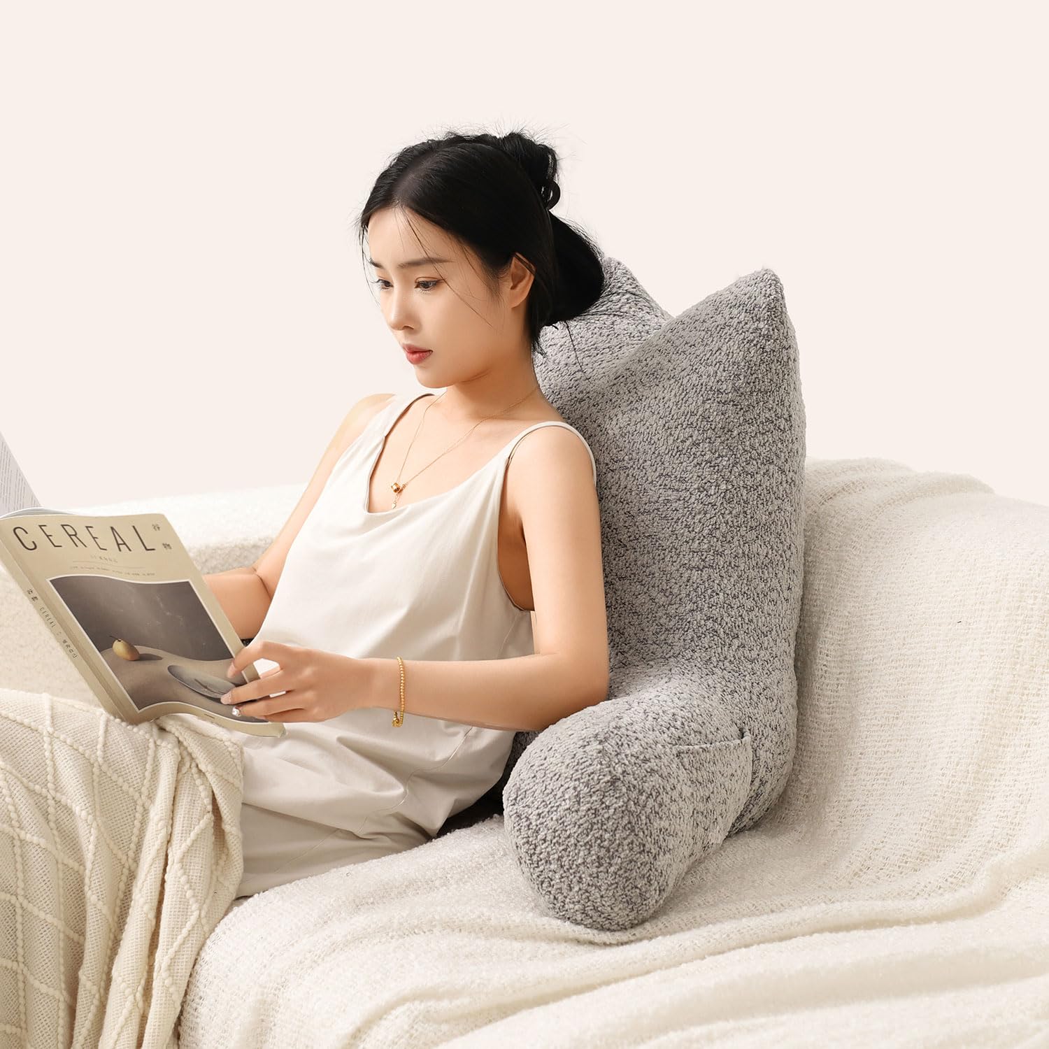 Large Cat Ear Reading Pillow with Arms - Bed Rest for Adults (Silver Grey) - Perfect for Reading & Relaxing in Bed