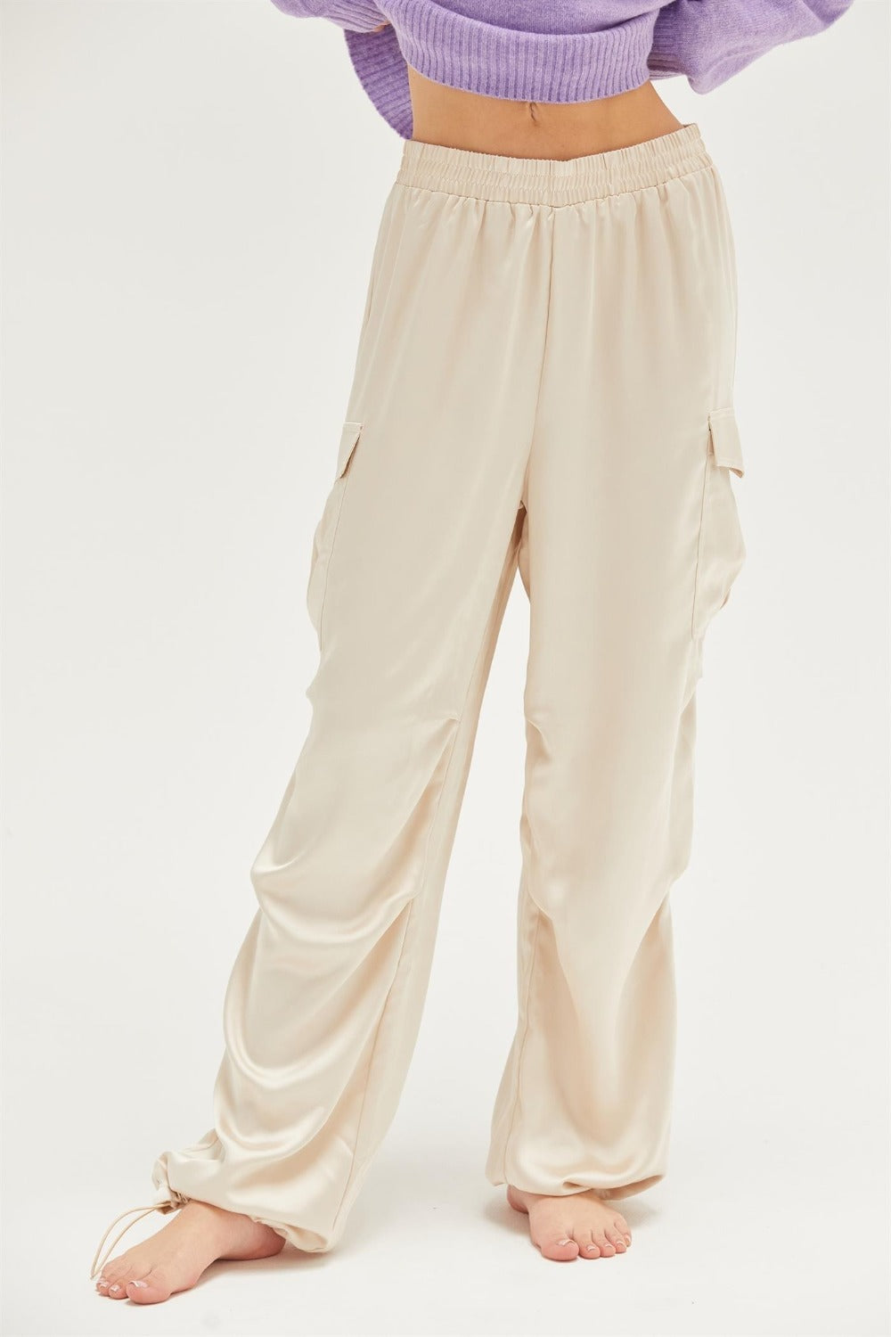 Stylish Satin Drawstring Hem Cargo Pants for Women - Comfortable Resort Wear & Lounge Pants for Vacation, Beach, Yoga, and Casual Outings