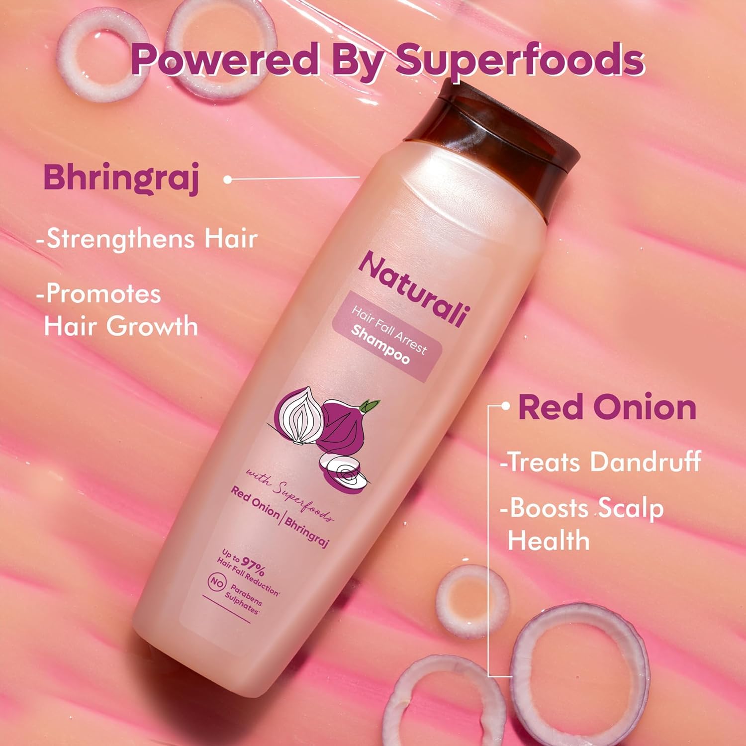 Natura'liz Red Onion & Bhringraj Hair Fall Control Shampoo - Sulfate & Paraben Free for Men & Women (180ml) | Prevents Hair Loss & Promotes Healthy Hair Growth | Ideal for Daily Use & Scalp Care