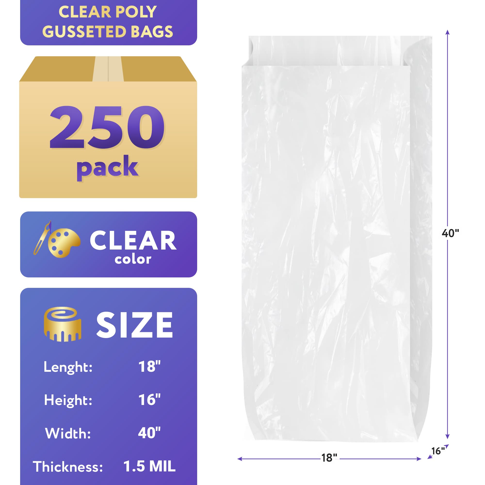 APQ 250 Pack Clear 18x16x40 Gusset Bags - 1.50 Mil Thick Expandable Polyethylene Bags for Industrial, Food Service & Healthcare | Perfect for Bulk Storage, Packaging & Organization