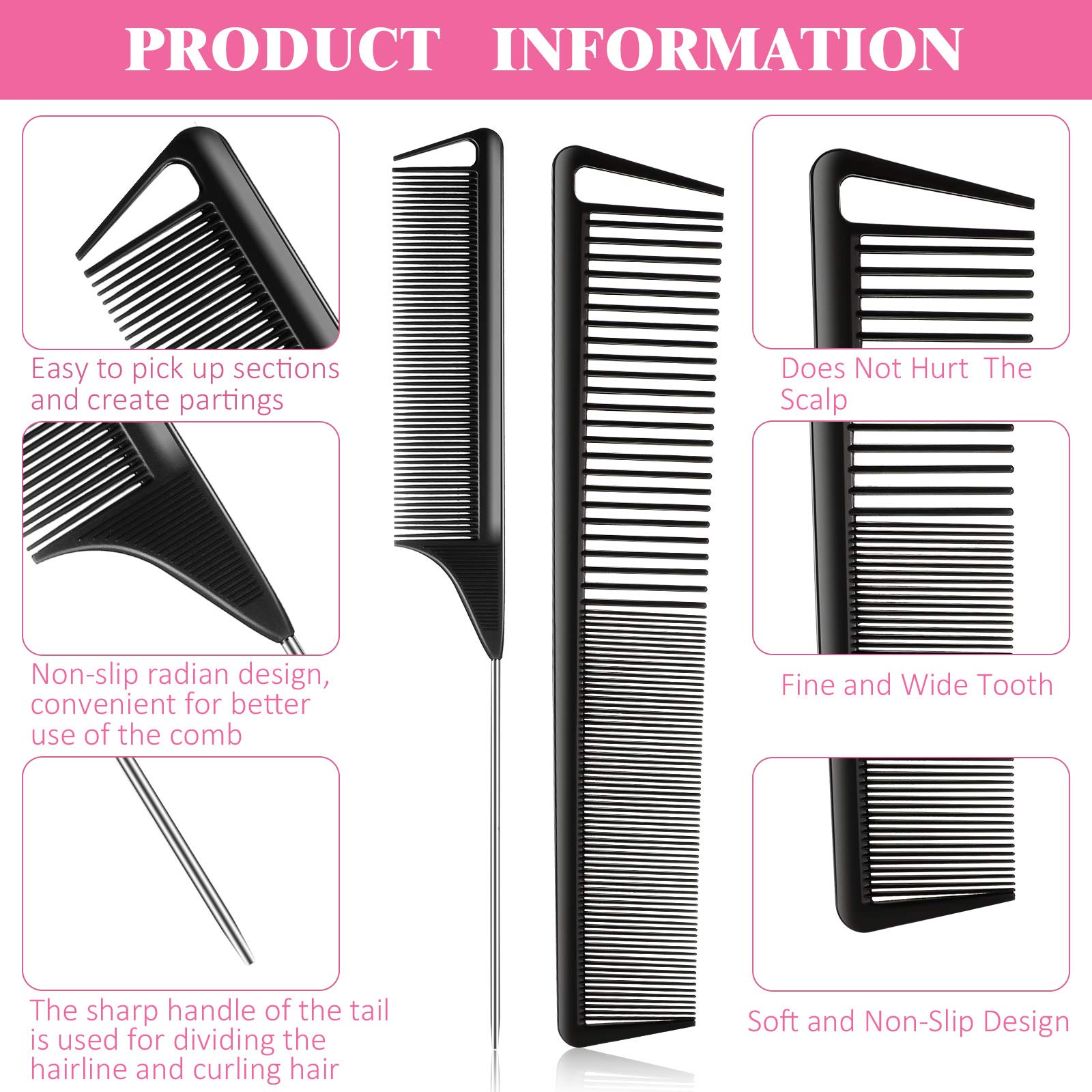 8-Piece Fine Tooth Rat Tail Combs for Women – Carbon Fiber Teasing & Styling Comb Set for Parting, Braiding, Cutting – Salon & Home Hairdressing Supplies (Black & Pink) – Perfect for Salon Stylists, DIY Haircuts & At-Home Hairstyling