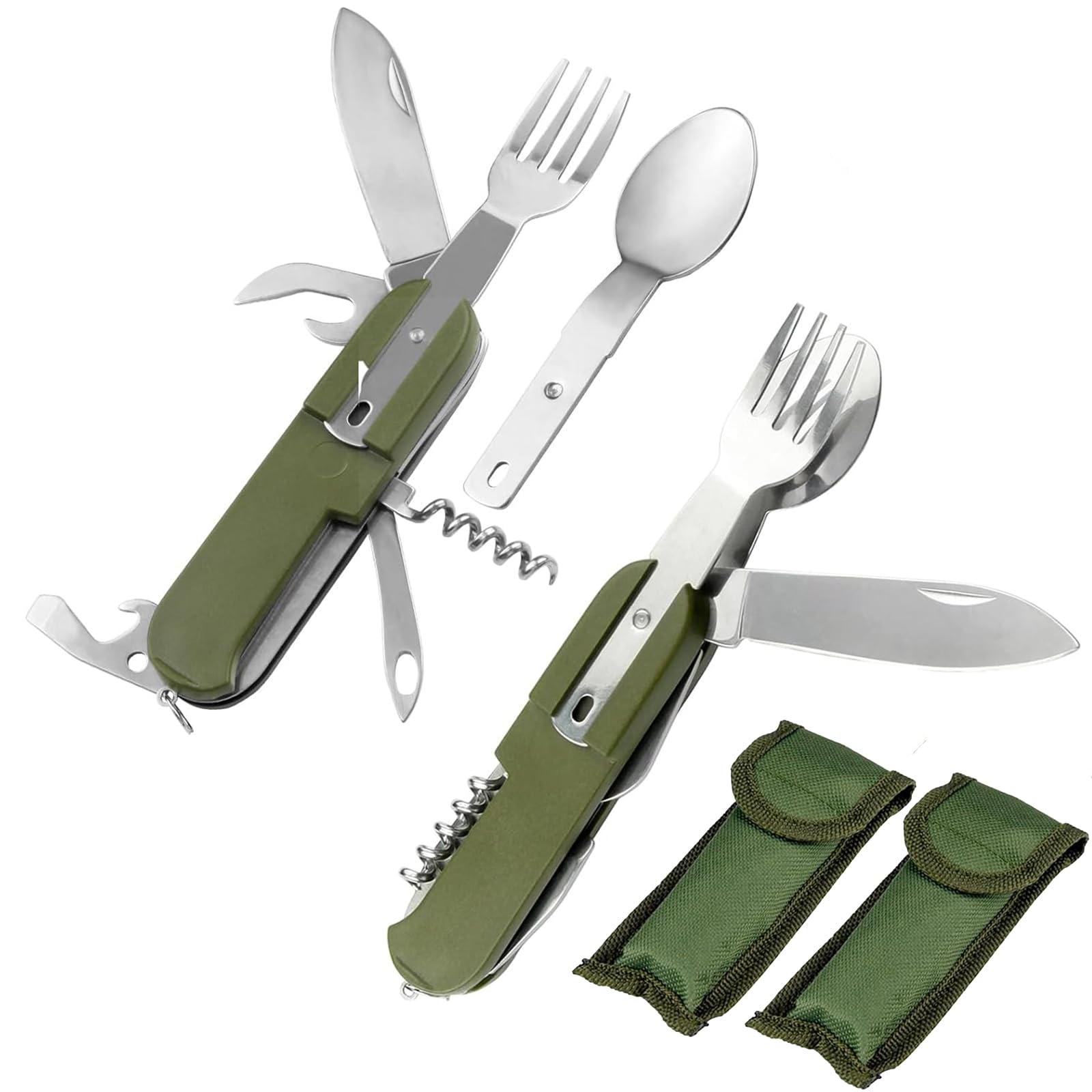 2 Pack 7-in-1 Camping Utensil Set - Stainless Steel Fork Spoon Knife for Hiking, Picnics & Travel - Essential Outdoor Survival Gear