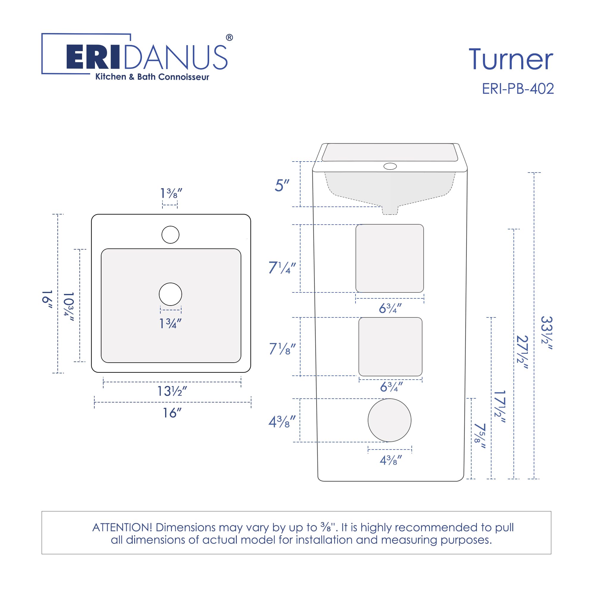 Eridanus 16x16 Inch Glossy White Vitreous Ceramic Pedestal Bathroom Sink with Overflow - Square One Piece Design for Modern Bathrooms, Powder Rooms & Guest Baths
