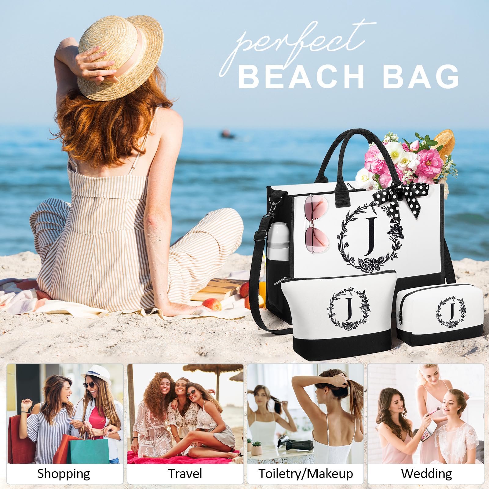 Personalized Monogrammed Canvas Tote Bag & Makeup Bag - Custom Initial Beach Tote for Women | Valentine's Day, Birthday Gift for Her, Girlfriend, Wife, Mom, Sister, Daughter | Perfect for Travel, Shopping & Beach Outings