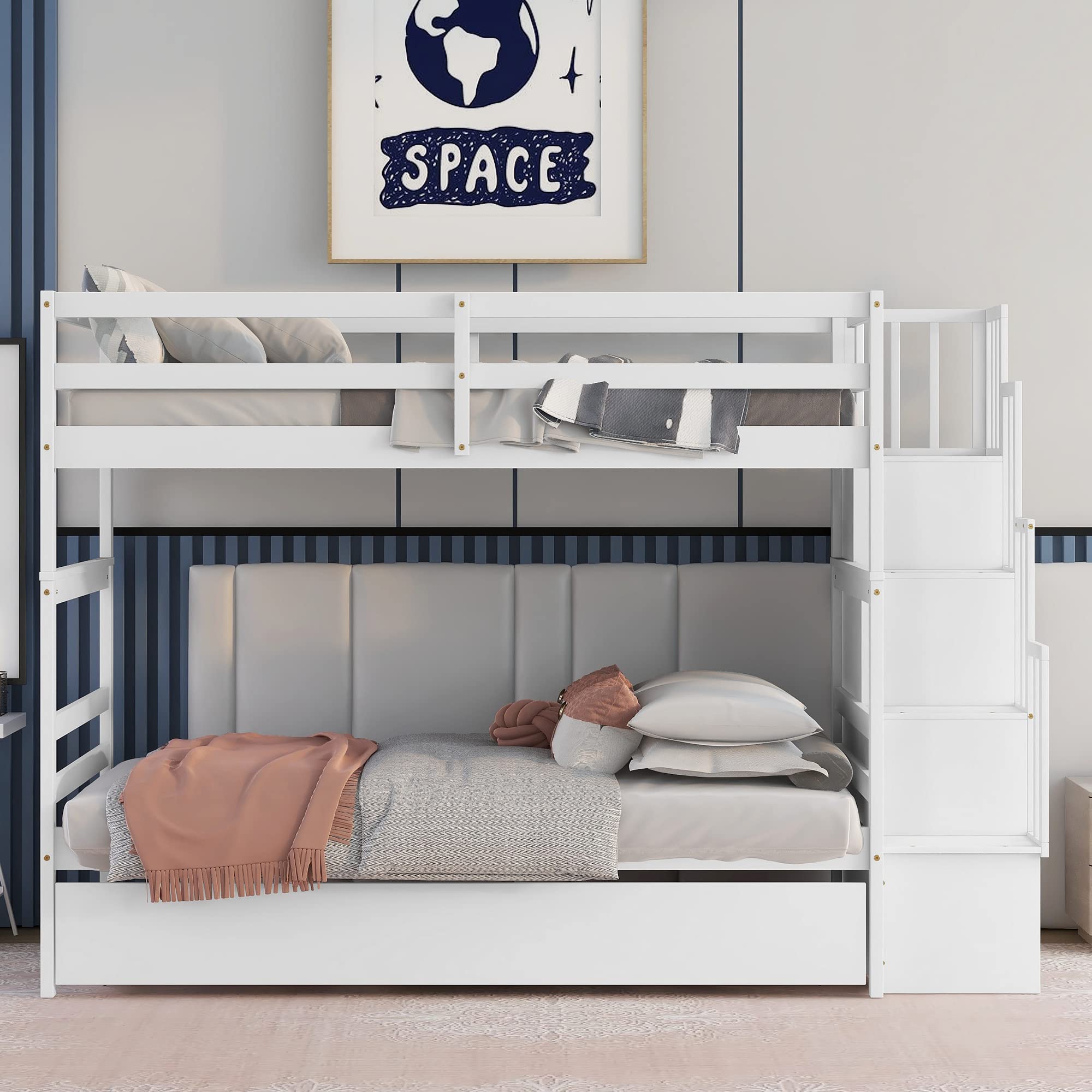 Harper & Bright Designs Twin Over Twin Solid Wood Bunk Bed with Staircase, Trundle & Storage Shelf - No Box Spring Needed - Perfect for Kids, Teens & Adults (White) - Ideal for Small Bedrooms, Guest Rooms & Vacation Homes