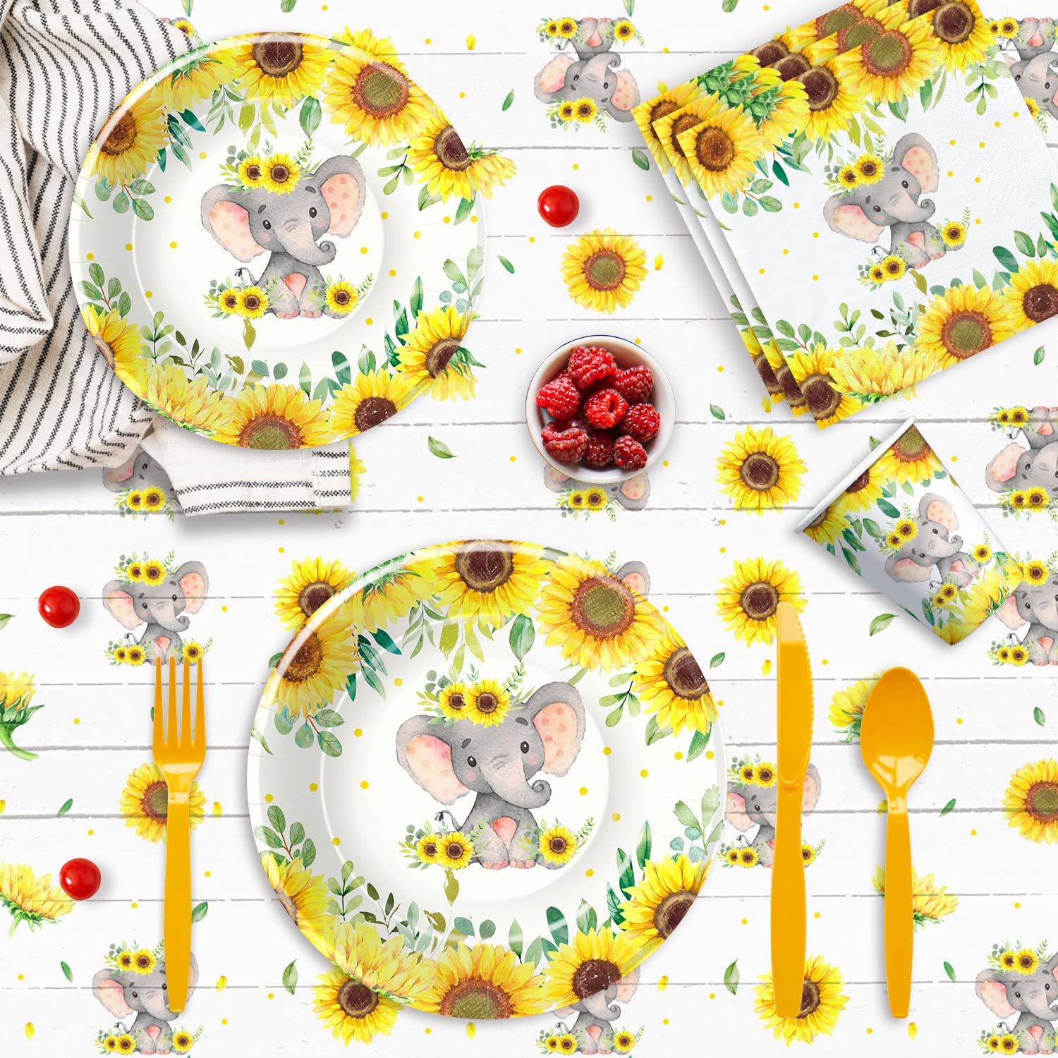 Xigejob Elephant Baby Shower Party Supplies Set - 24-Piece Tableware Kit with Plates, Cups, Napkins, Tablecloth, Cutlery & Straws | Perfect for Elephant-Themed Baby Showers, Birthday Parties & Nursery Decorations