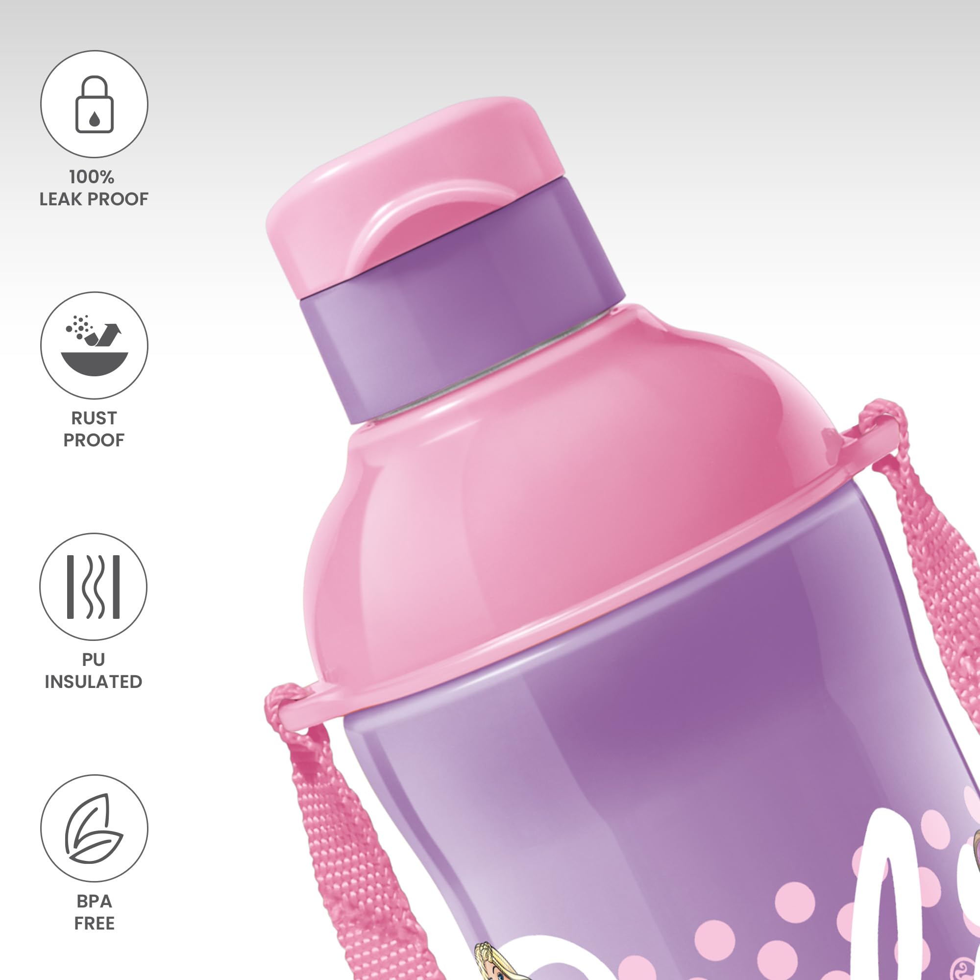 MILTON Steel Barbie 400 Insulated Stainless Steel Kids Water Bottle 390ml - Pink & Purple | PU Insulated for Hot & Cold Drinks | Leak Proof & Easy to Carry | Perfect for School, Travel & Outdoor Activities