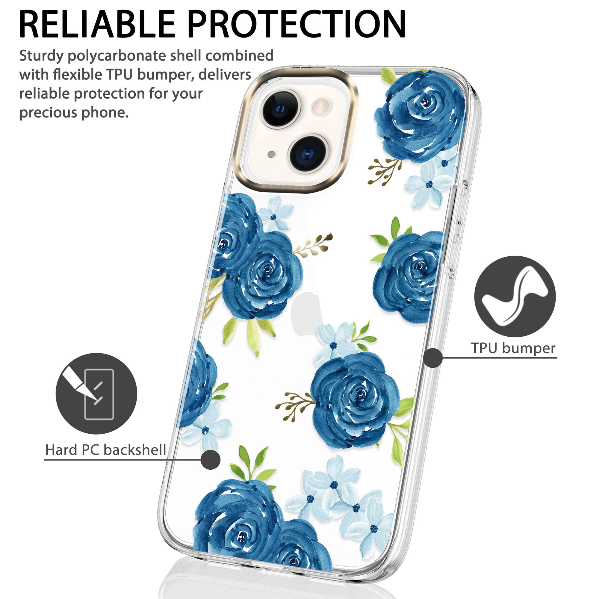 BAISRKE Clear Floral Shockproof Hard Case for iPhone 13 (6.1 inch 2021) - Blue Blossoms Design | Protective Phone Cover for Women | Perfect for Everyday Use, Work & Travel