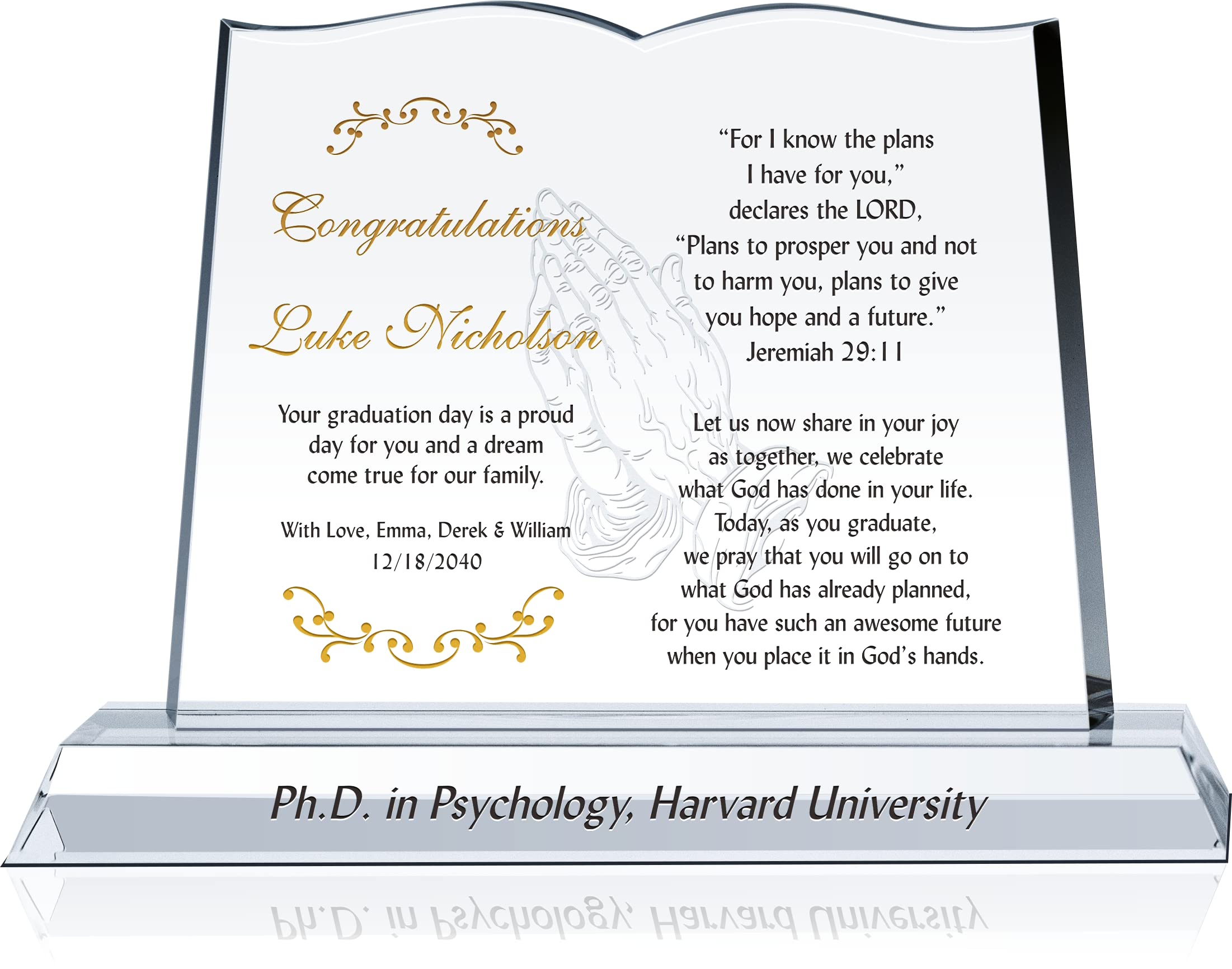 Custom Engraved Crystal Bible College Graduation Gift - Personalized with Praying Hands, Scripture Verse, Name, Degree & School - 12