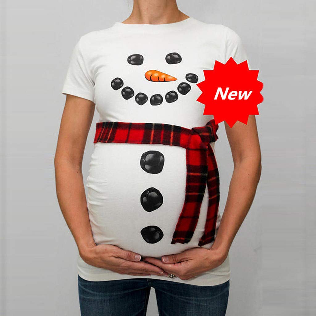 Women's Christmas Snowman Cartoon Maternity T-Shirt - Pregnancy Tee Top - Comfortable Maternity Clothes (White) - Perfect for Holiday Parties & Family Photos