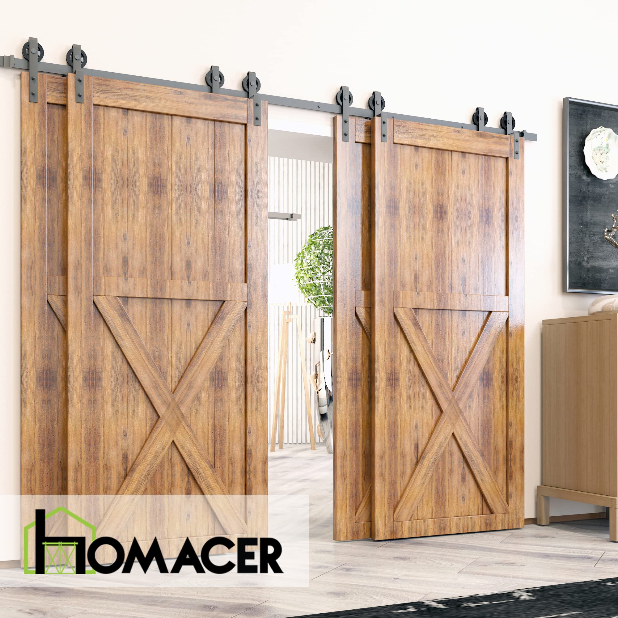 Homacer Black Rustic Single Track Bypass Sliding Barn Door Hardware Kit - 9ft Long Flat Track with Spoke Wheel Design (2 Flat + 2 Bent Rollers) - Perfect for Farmhouse, Loft, or Industrial Style Interior Doors