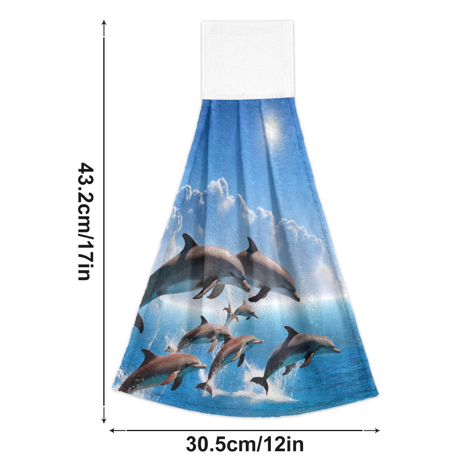 ATTX Set of 2 Blue Ocean Jumping Dolphins Hanging Kitchen Towels - Super Absorbent Soft Coral Velvet Dish Cloths for Kitchen & Bathroom - Perfect for Drying Dishes, Wiping Countertops, and Hand Drying