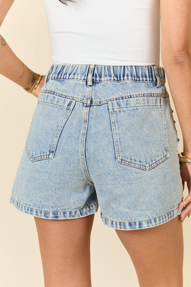 Studded Sound Blue Denim Shorts for Women - Trendy Distressed High Waisted Shorts with Rhinestone Details | Perfect for Summer, Concerts & Casual Outfits