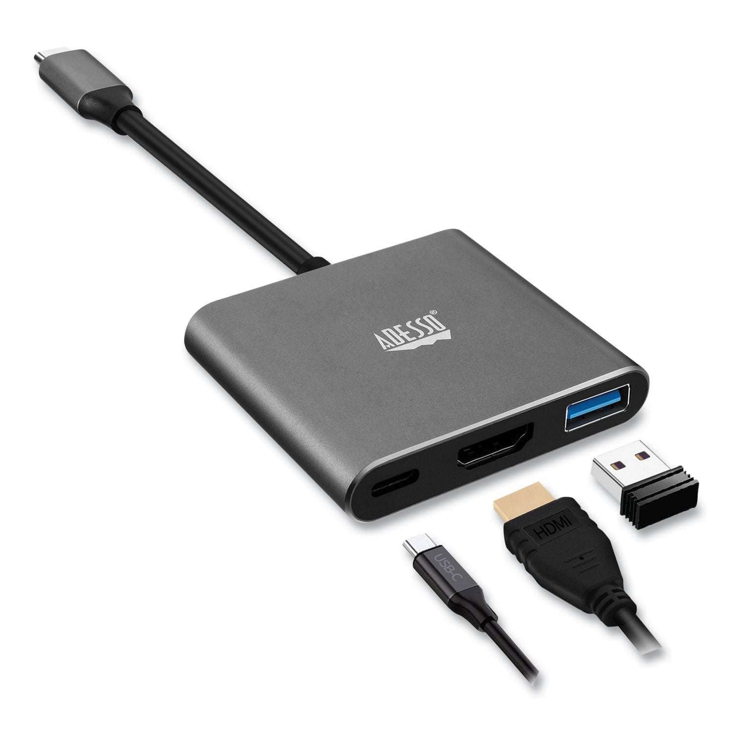 Adesso 3-in-1 USB C Docking Station with HDMI, USB C & USB 3.0 Ports, TAA Compliant, Power Delivery - Black/Gray for Home Office, Business Travel & Remote Work