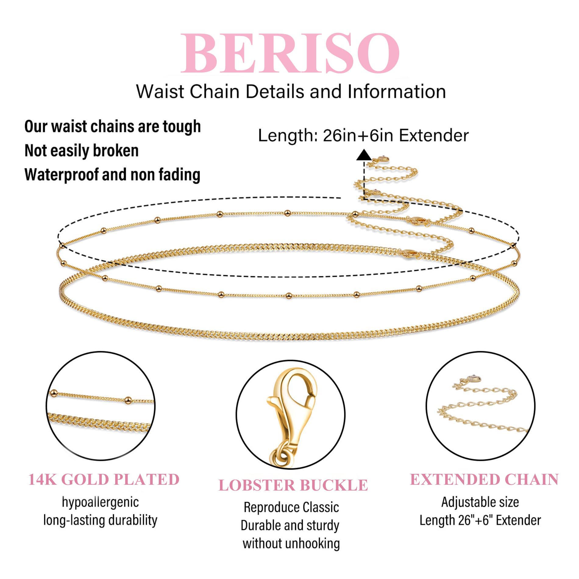 BERISO 14K Gold Body Chains for Women - Adjustable Dainty Boho Layered Waist Chain Jewelry for Beach, Bikini, Festival & Everyday Wear