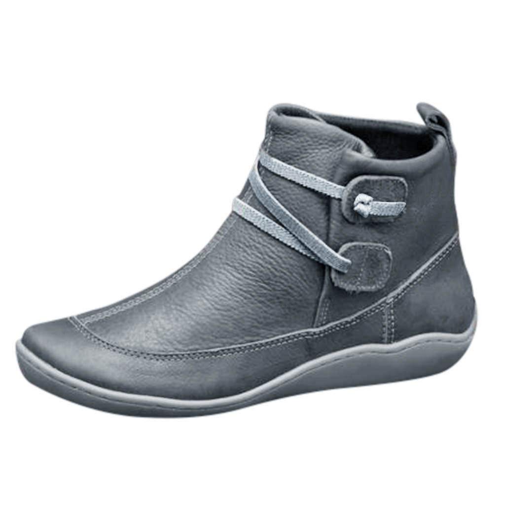 Vedolay Women's Vintage Leather Ankle Boots - Waterproof Winter Boots with Round Toe for Women | Flat Shoes for Cold Weather, Snow & Outdoor Activities