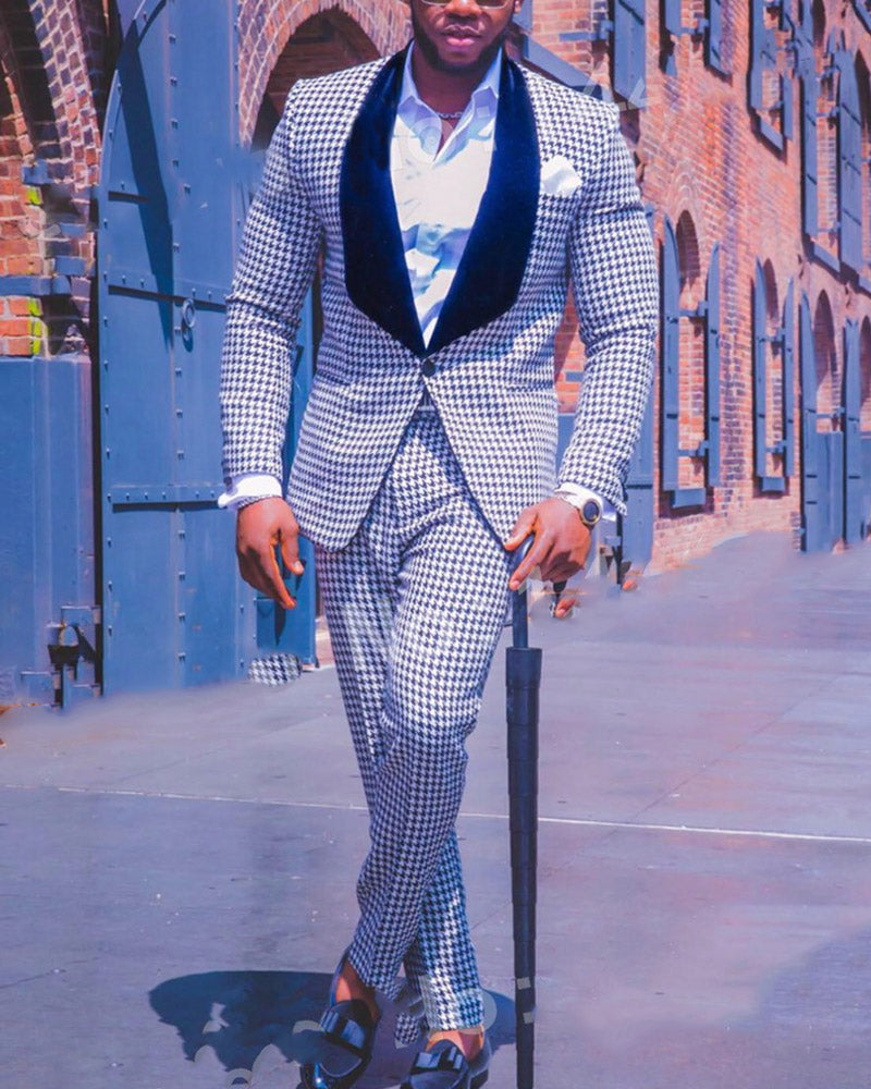 Men's Houndstooth Check Tweed Suit - White & Black Formal Wedding Tuxedo | Elegant Party Blazer & Pants Set for Grooms, Prom & Special Occasions