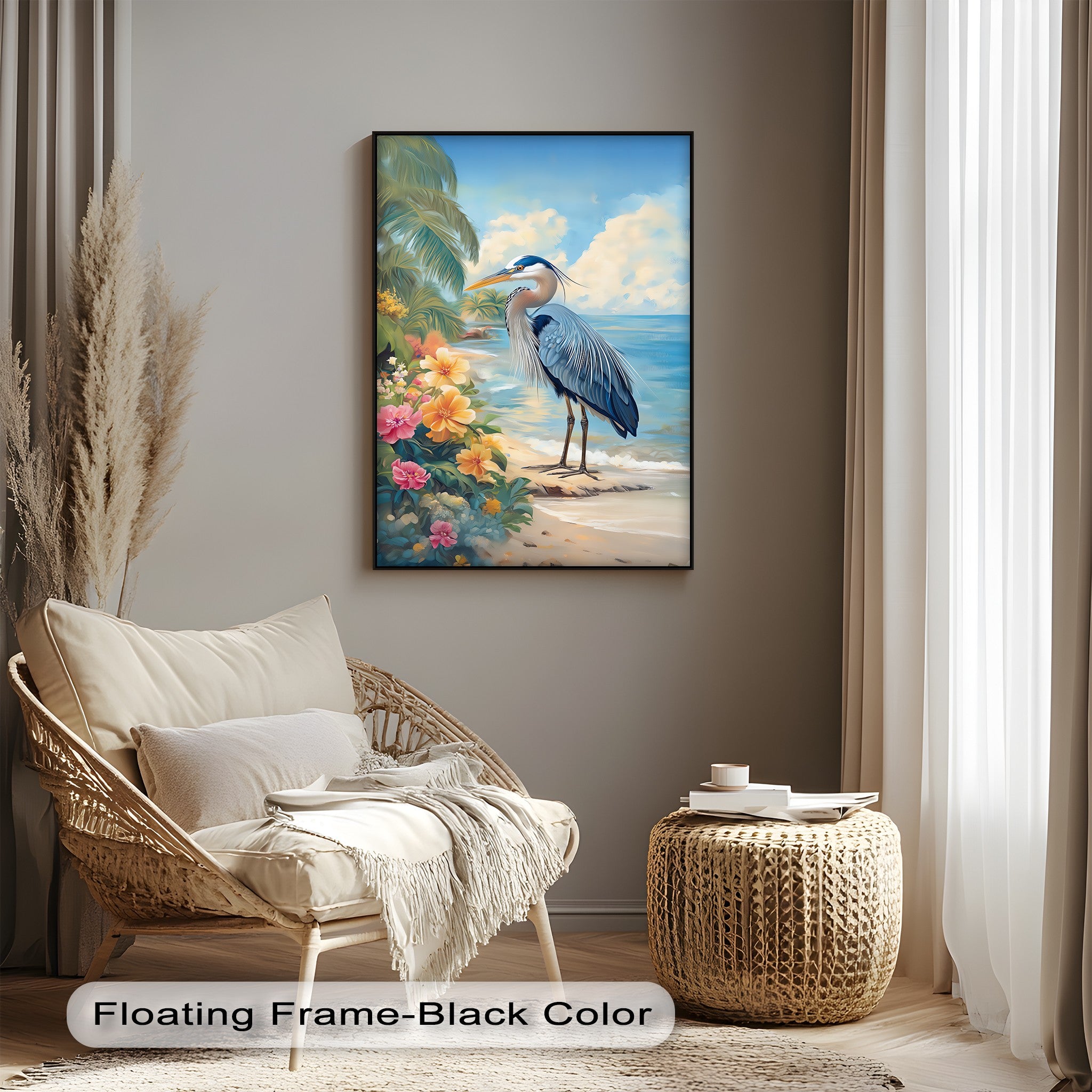 Coastal Heron and Hibiscus Bloom Canvas Print - Tropical Beach Wall Art for Living Room, Bedroom & Office Decor