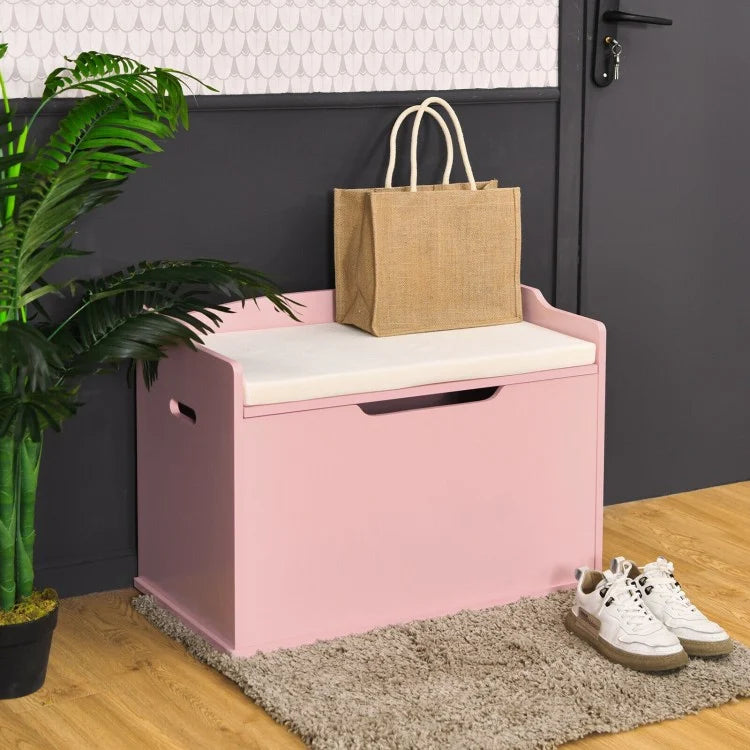 Wooden Flip Top Storage Box with Cushion - Kids Toy Chest Bench with Hinge in Pink | Perfect for Nursery, Playroom & Bedroom Organization
