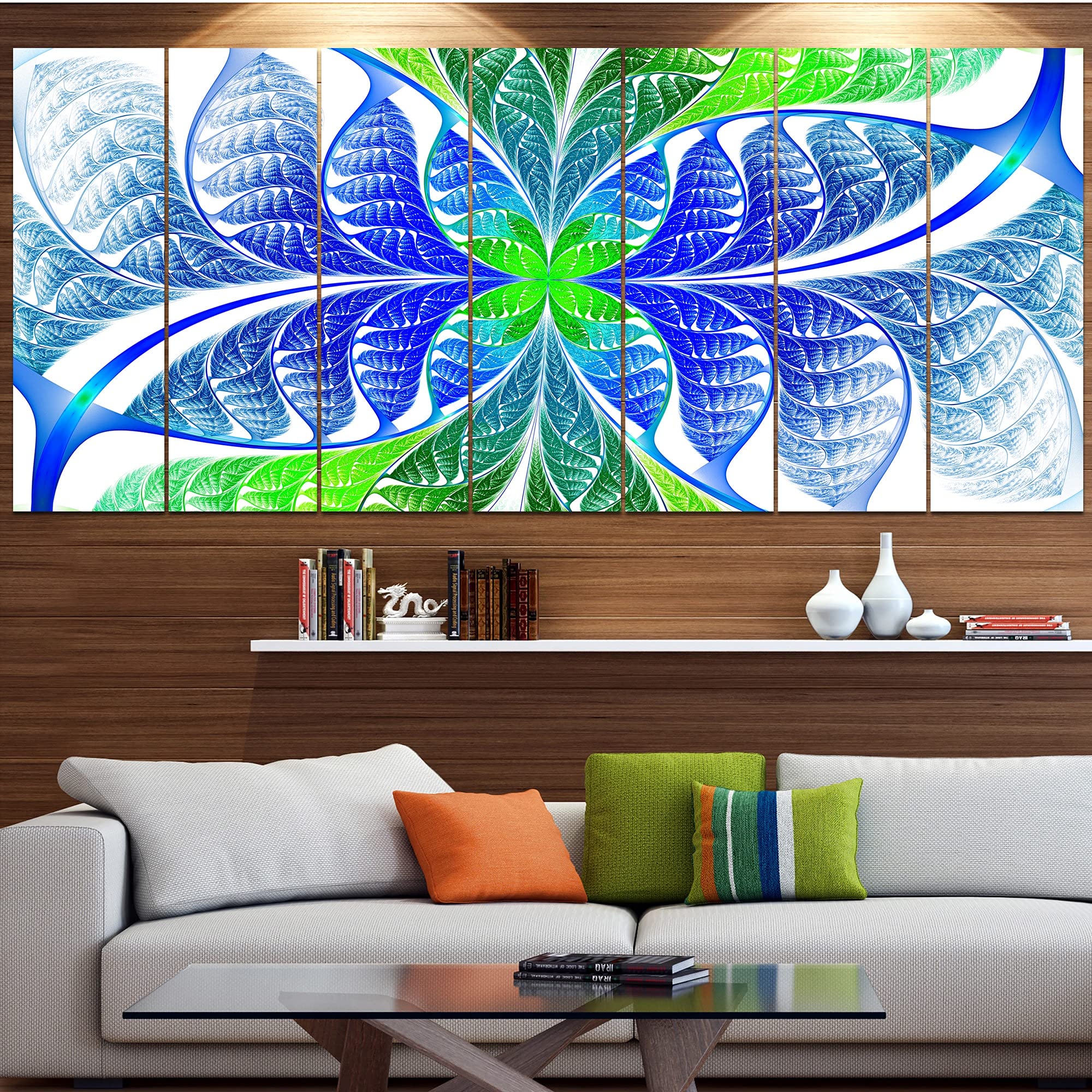 Abstract Wall Art Canvas - Green Blue Fractal Glass Texture Painting - 70x28 Inch 6-Panel Modern Home Decor for Living Room, Bedroom & Office | DESIGN ART