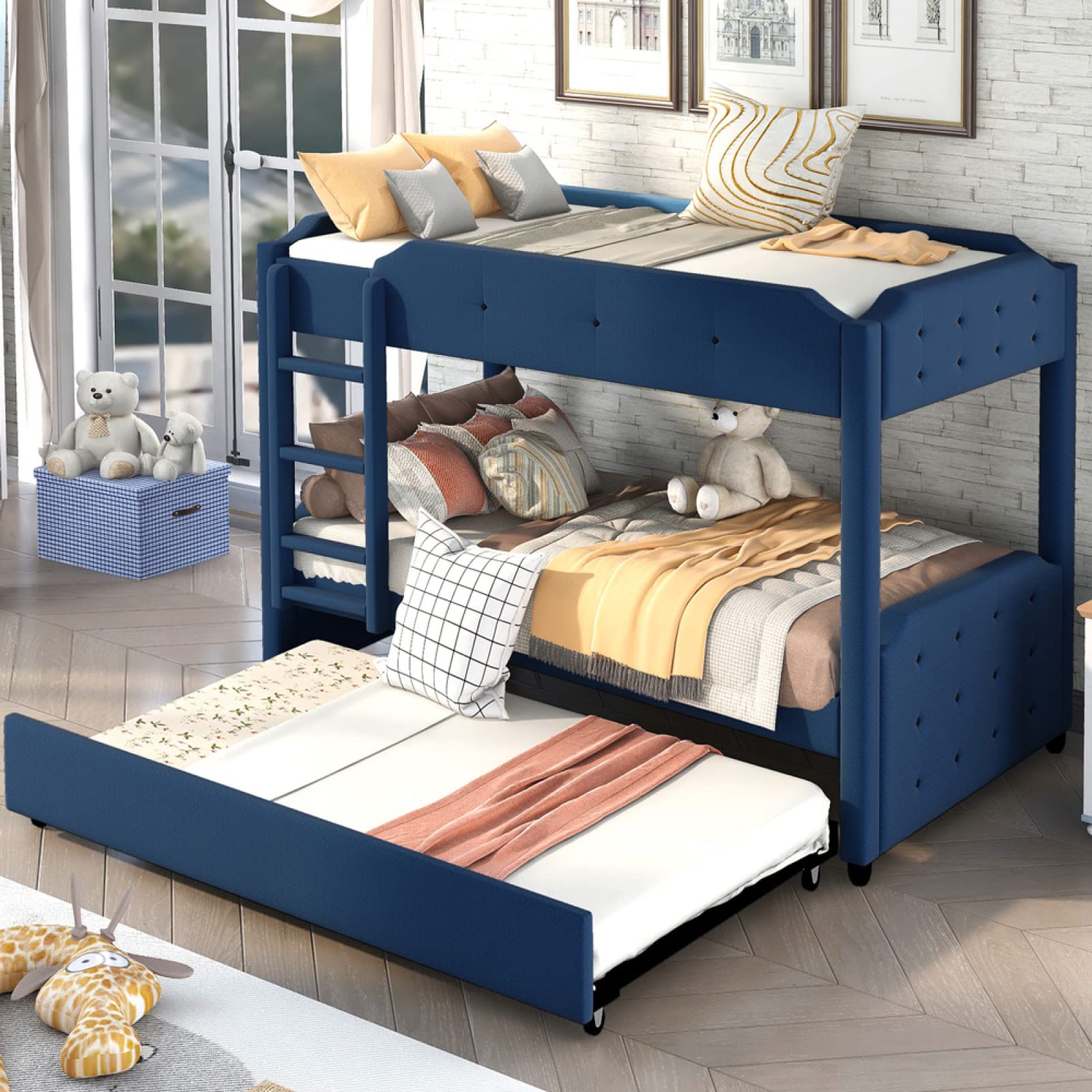 Tufted Twin Over Twin Low Bunk Beds with Trundle - Wooden Upholstered Bed Frame Set, 63