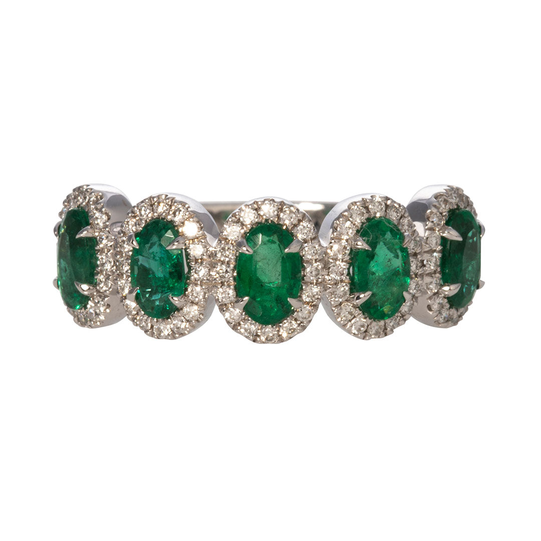 14K White Gold Five Stone Oval Emerald & Diamond Halo Engagement Ring - Perfect for Proposals, Anniversaries, and Special Occasions