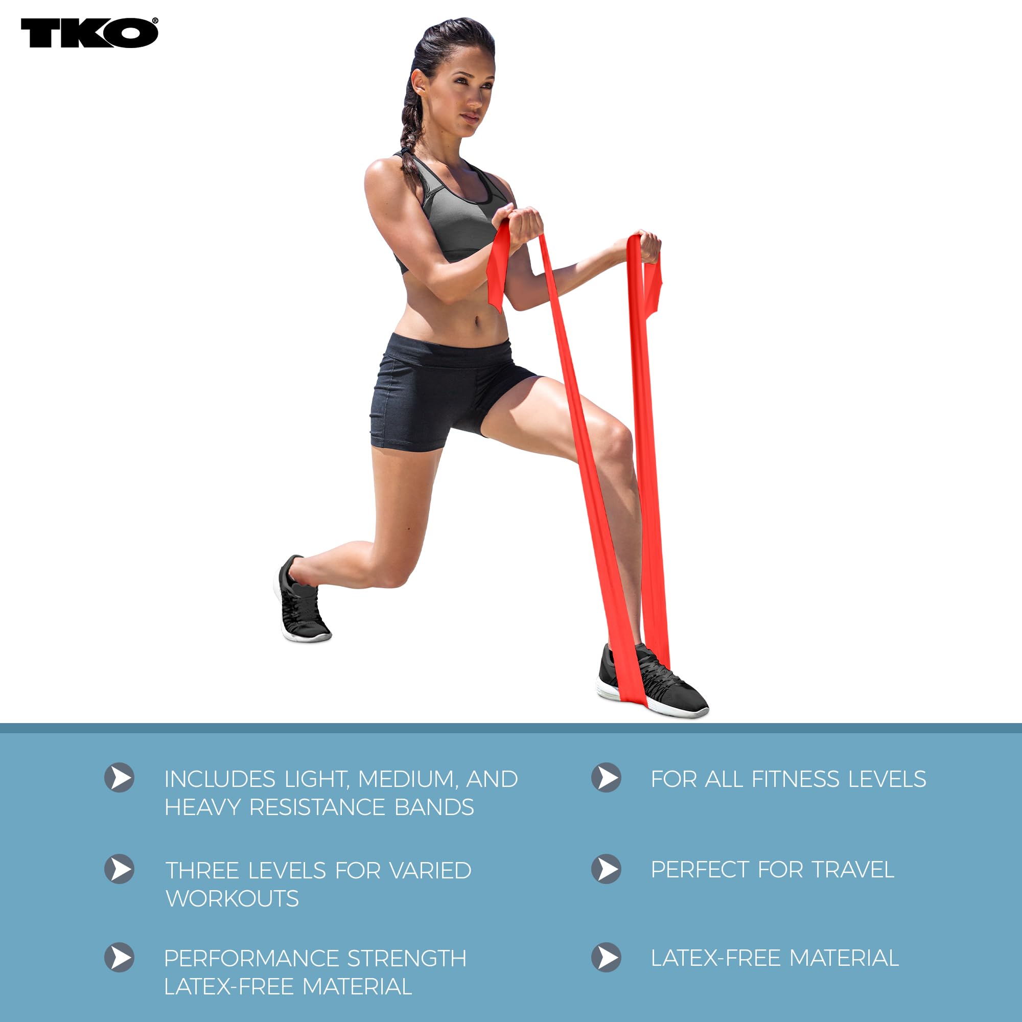 TKO Resistance Bands Set - 3 Pack with Light, Medium & Heavy Levels - Flat Elastic Exercise Bands for Women & Men - Perfect for Home Workouts, Gym Training, Yoga & Physical Therapy