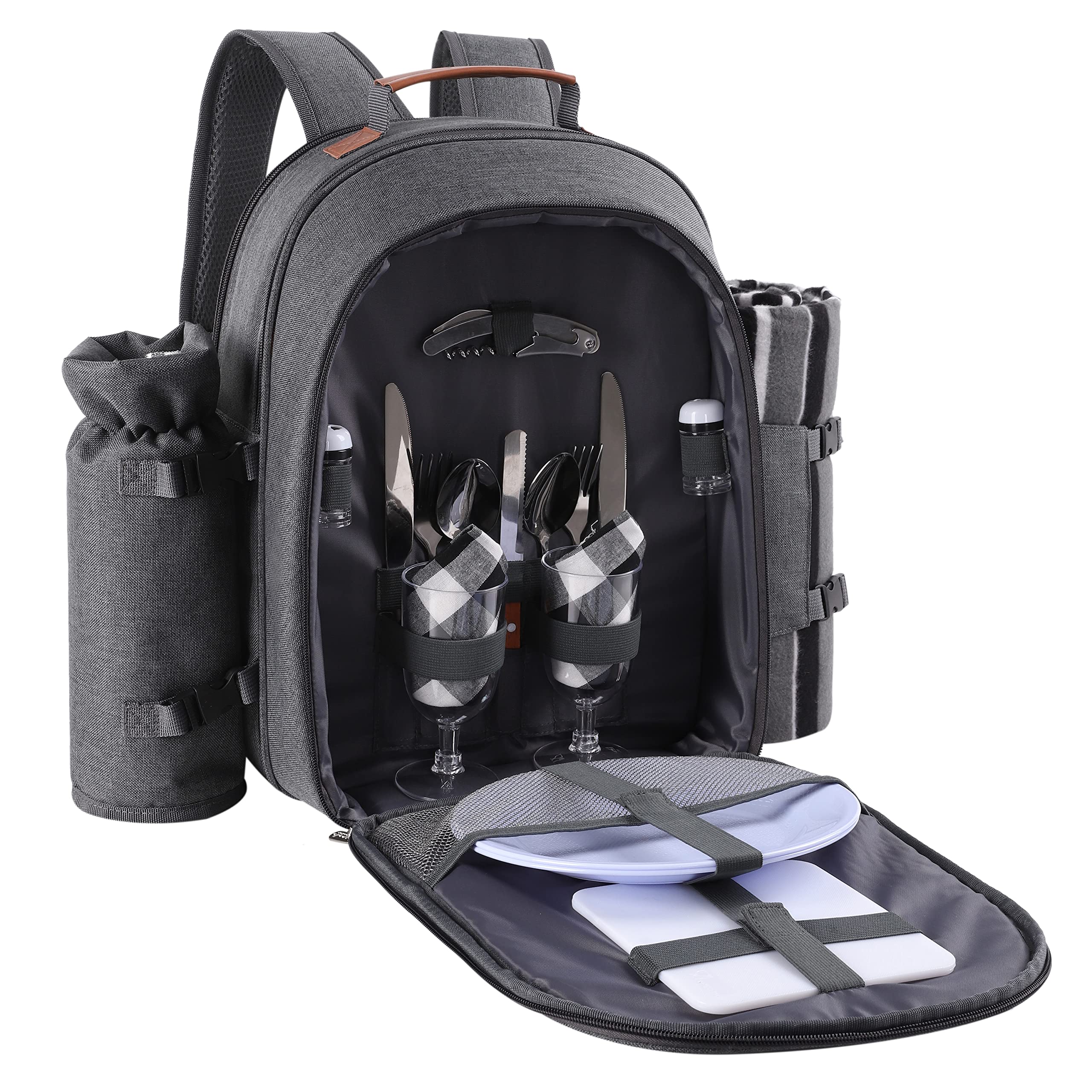 Apollo Walker 2 Person Picnic Backpack Set with Insulated Cooler Compartment, Removable Wine Bottle Holder, Soft Fleece Blanket & Complete Cutlery Kit - Perfect for Outdoor Picnics, Beach Trips and Camping (Dark Gray)