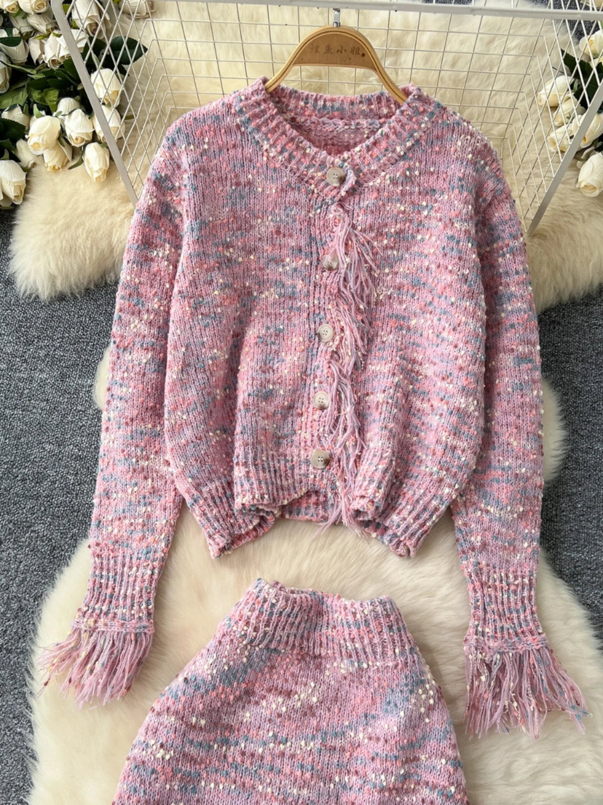 2024 New Women's Autumn Winter Sweet Colorful Elegant Long Sleeve Slim Knit Sweater & High Waist Tassel Skirt 2-Piece Set - Perfect for Office, Date Night and Holiday Parties